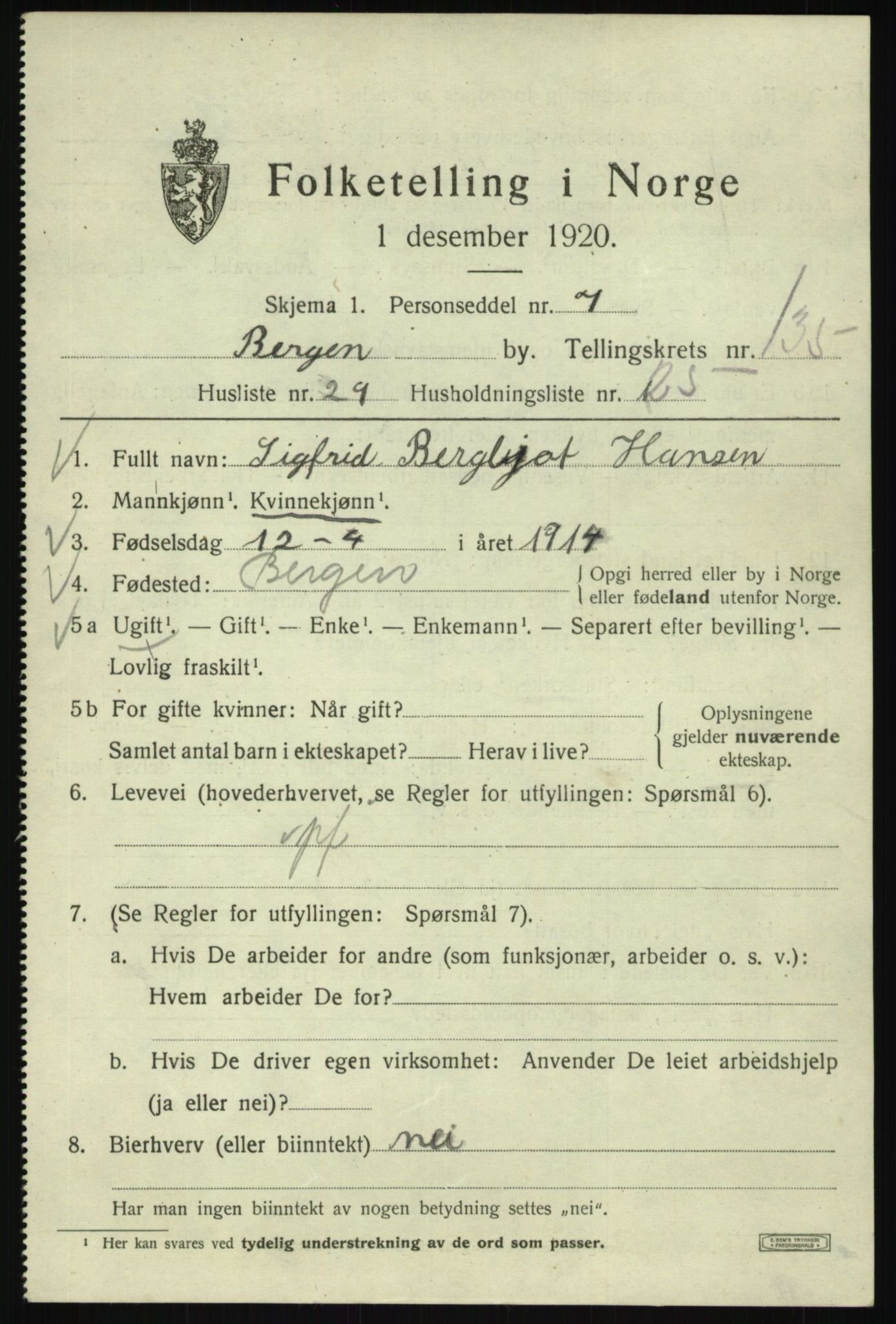 SAB, 1920 census for Bergen, 1920, p. 226736