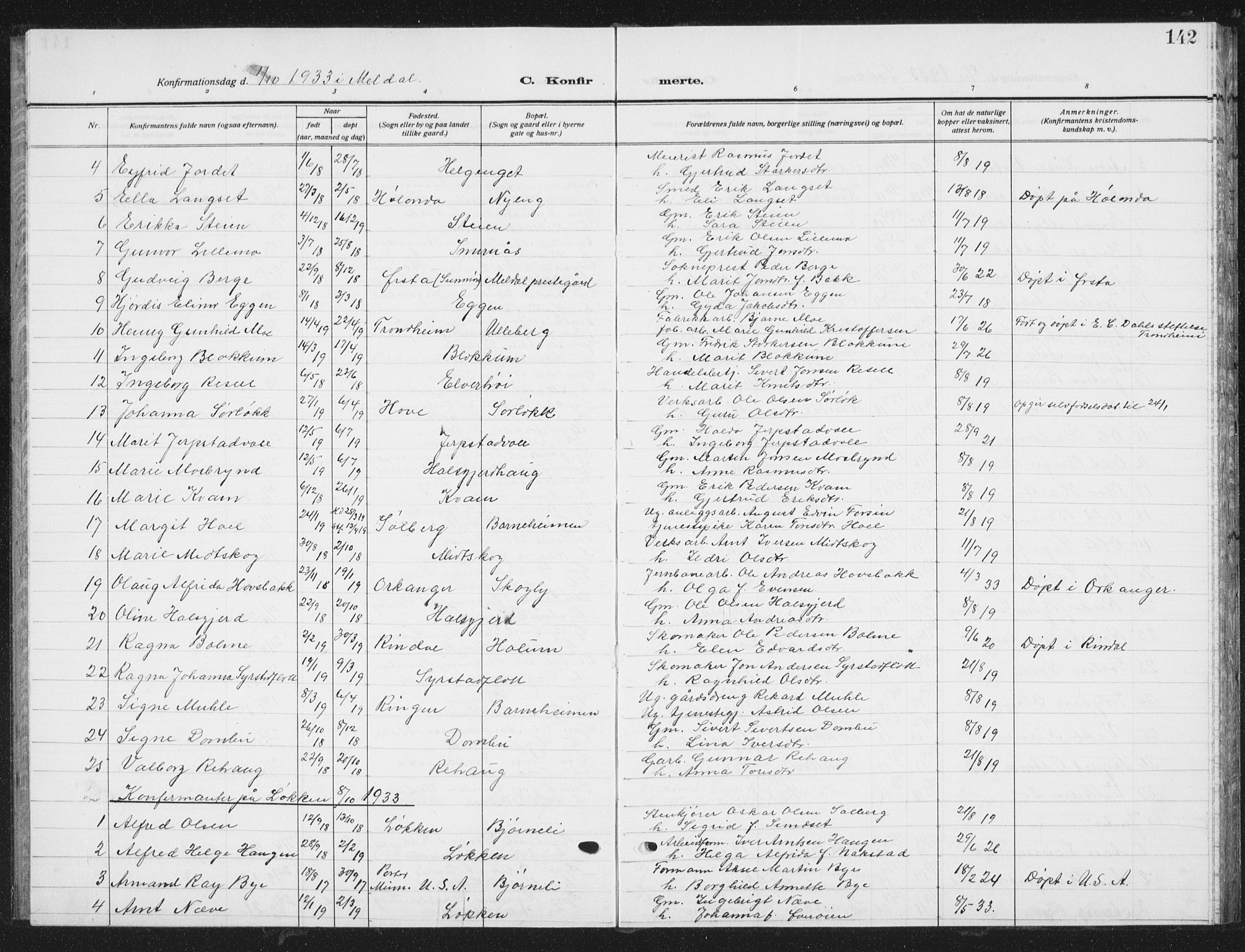 Ministerialprotokoller, klokkerbøker og fødselsregistre - Sør-Trøndelag, SAT/A-1456/672/L0866: Parish register (copy) no. 672C05, 1929-1939, p. 142