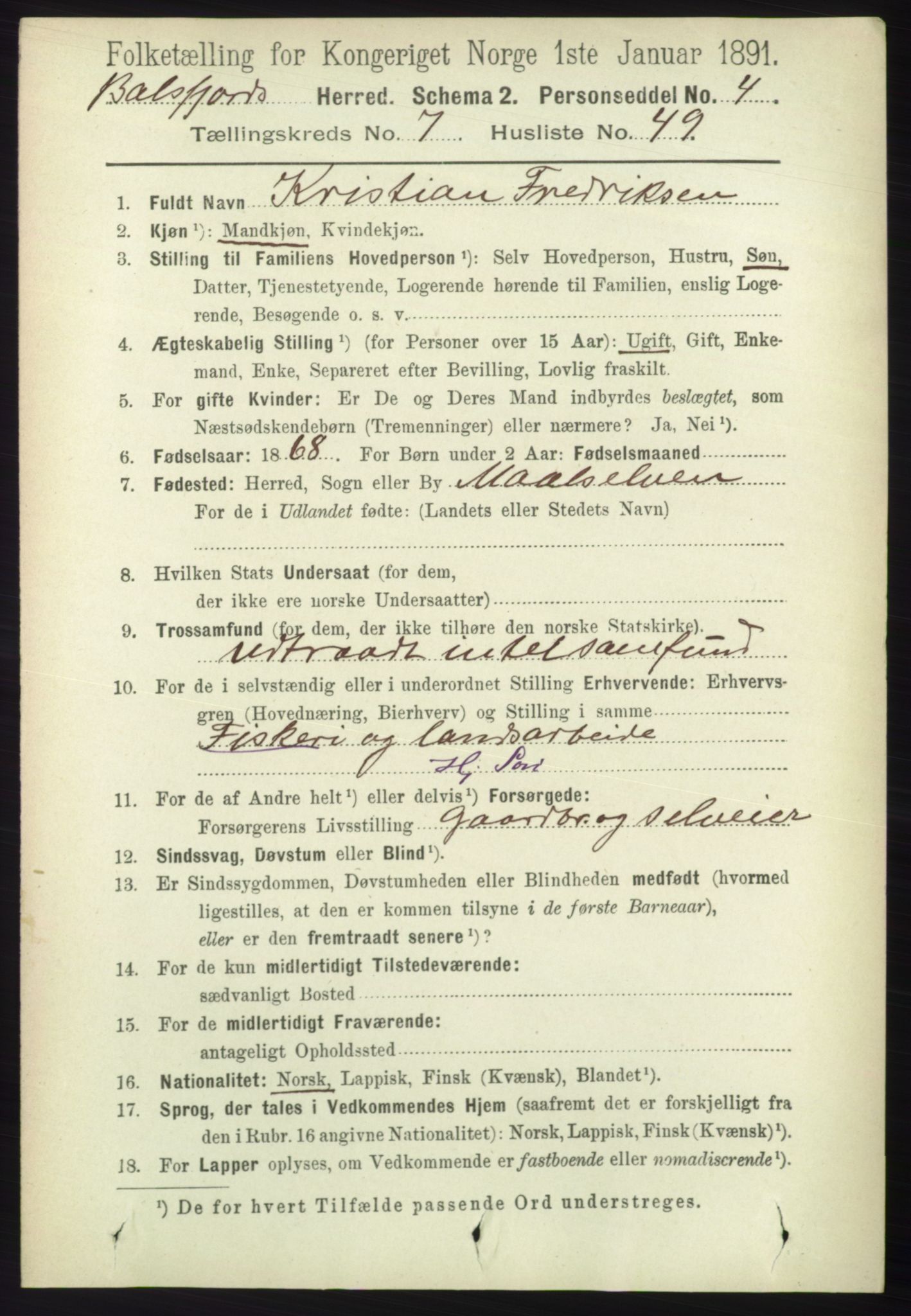 RA, 1891 census for 1933 Balsfjord, 1891, p. 2362