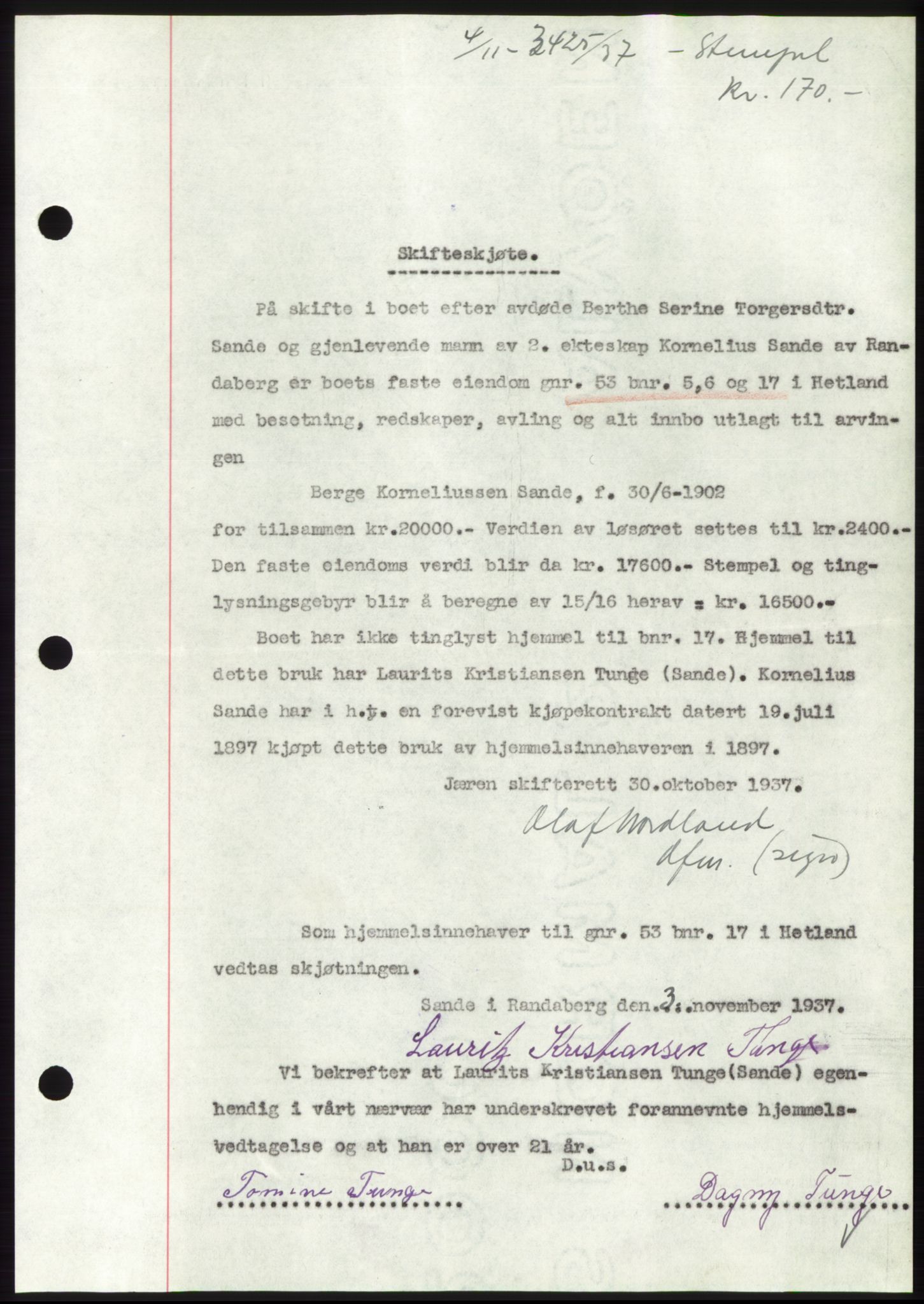 Jæren sorenskriveri, SAST/A-100310/03/G/Gba/L0069: Mortgage book, 1937-1937, Diary no: : 3425/1937