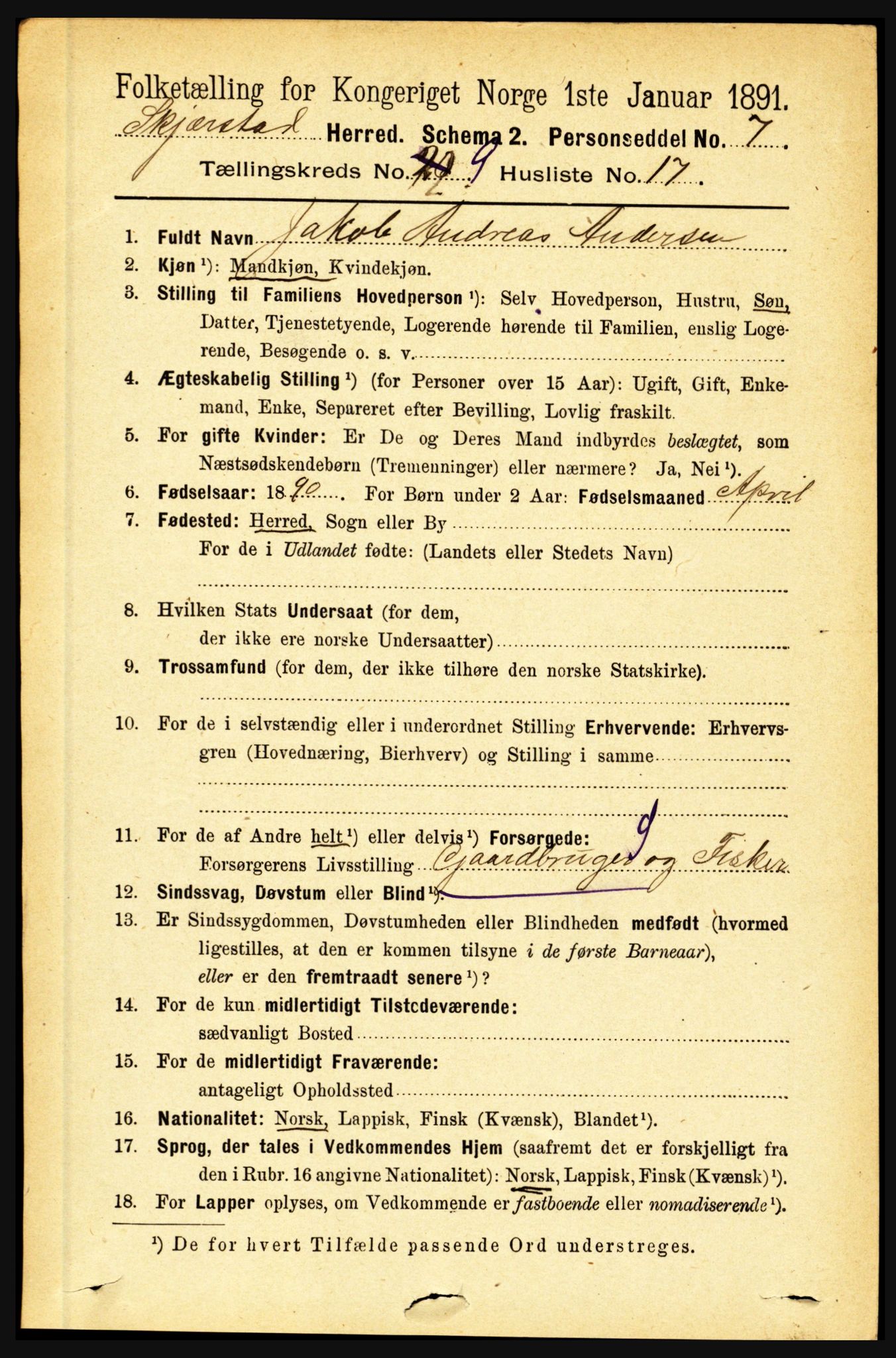 RA, 1891 census for 1842 Skjerstad, 1891, p. 3410