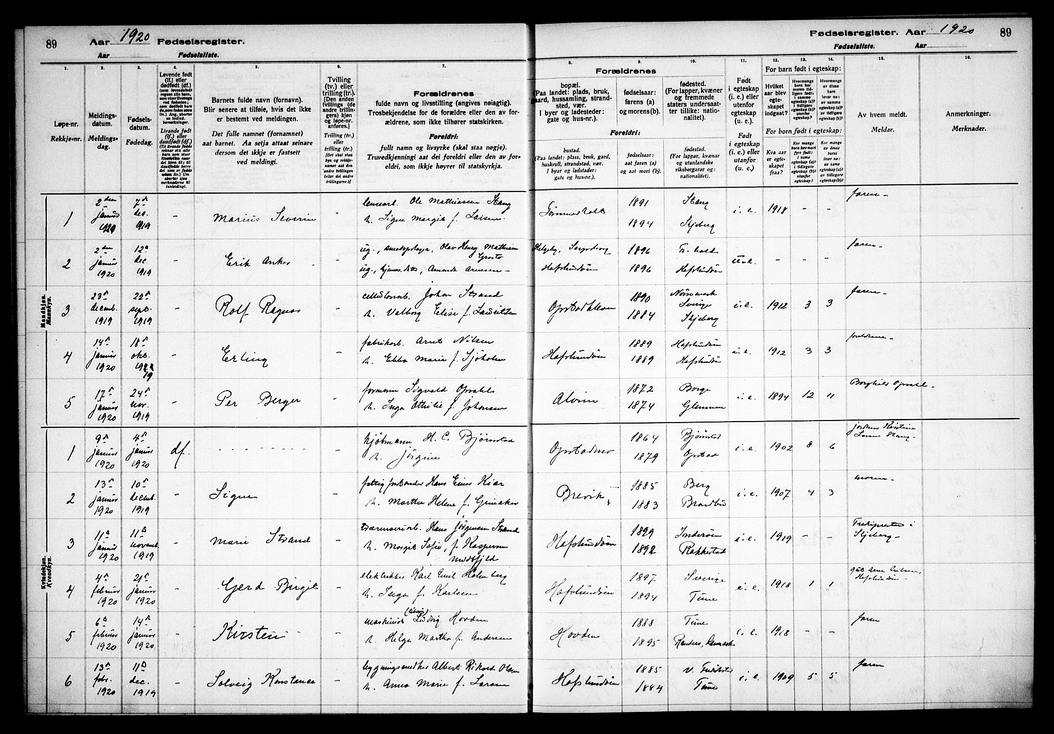 Tune prestekontor Kirkebøker, AV/SAO-A-2007/J/Ja/L0001: Birth register no. I 1, 1916-1928, p. 89