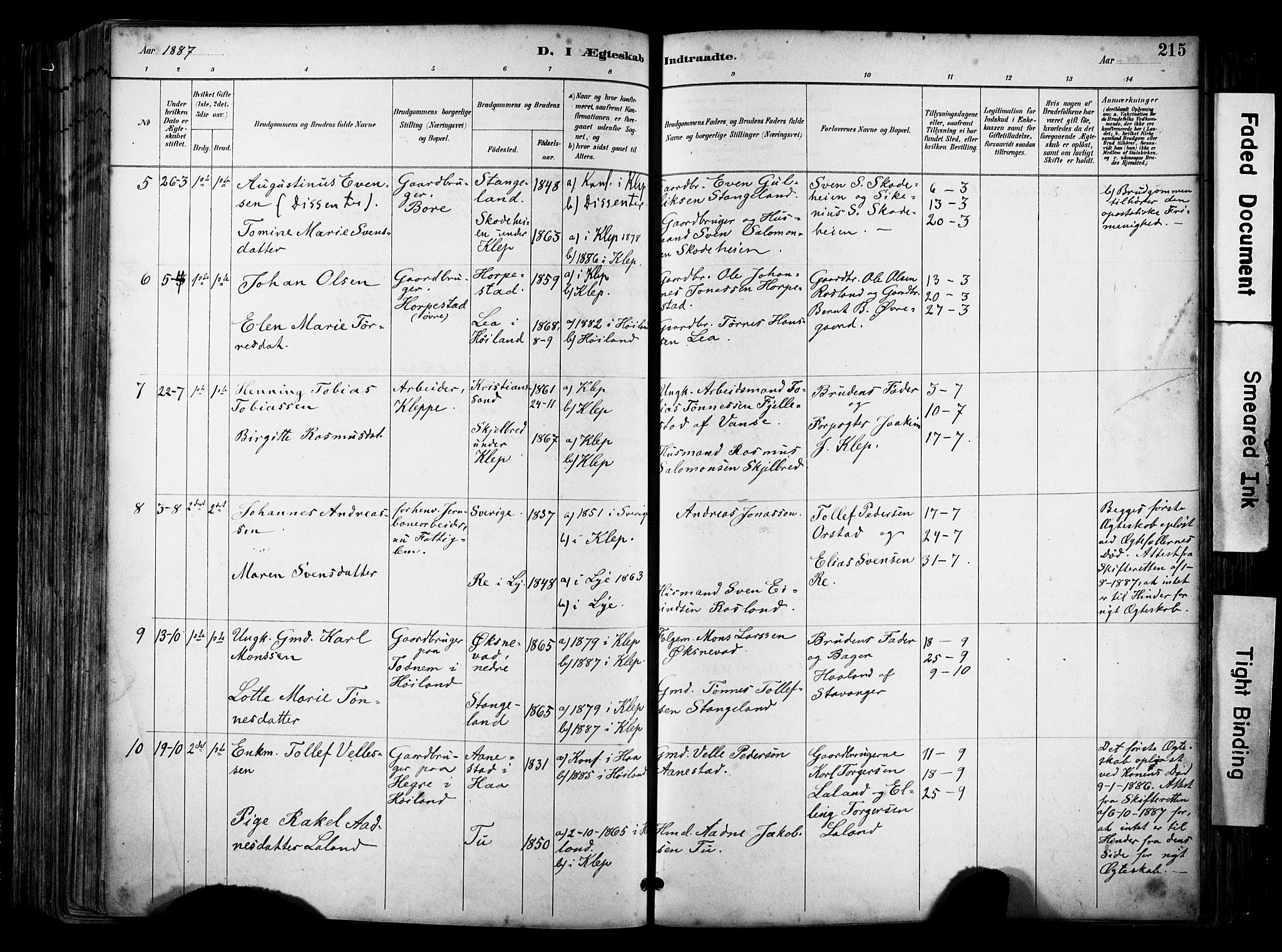 Klepp sokneprestkontor, AV/SAST-A-101803/001/3/30BA/L0009: Parish register (official) no. A 7, 1886-1915, p. 215