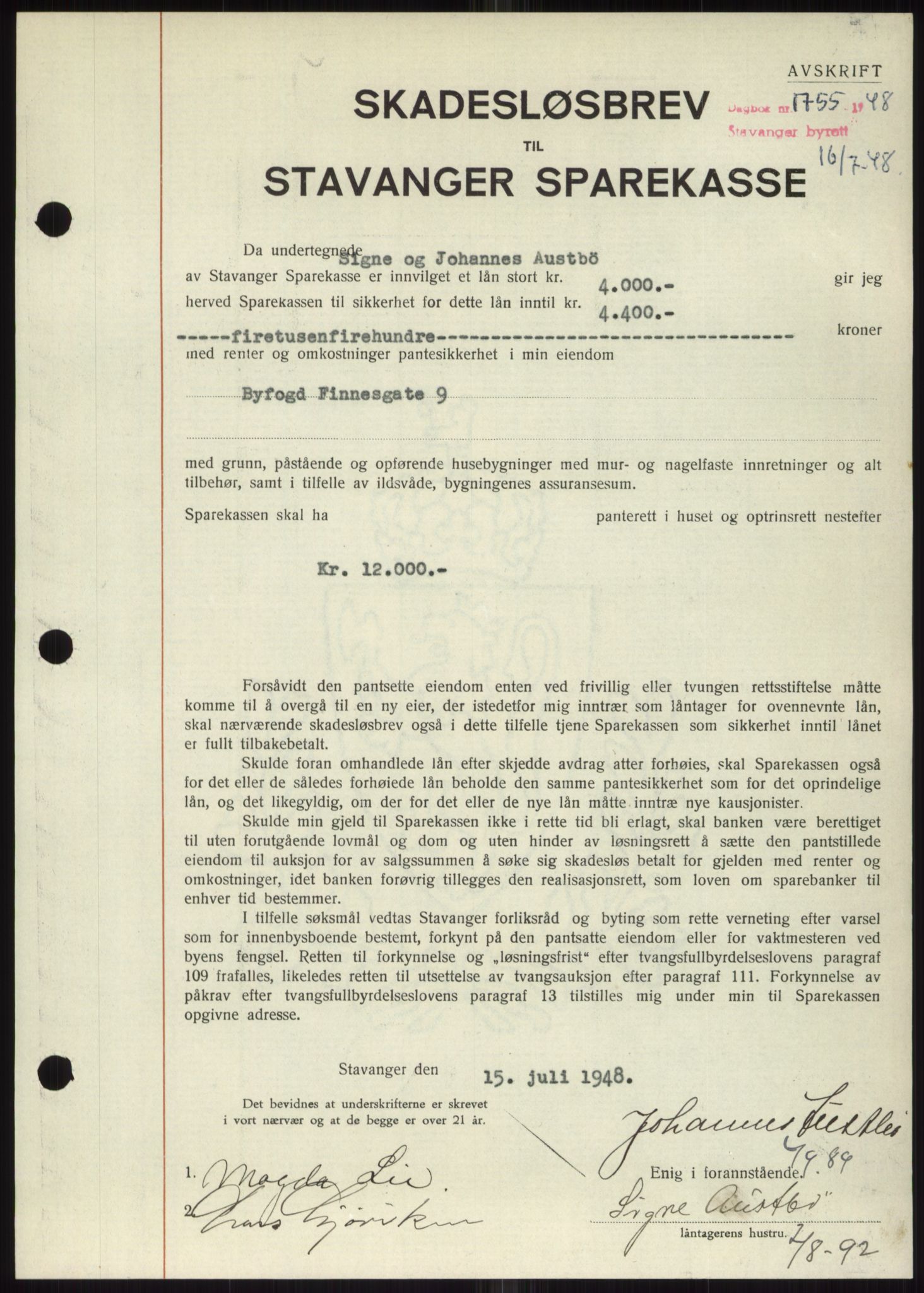Stavanger byrett, SAST/A-100455/002/G/Gb/L0032: Mortgage book, 1947-1950, Diary no: : 1755/1948