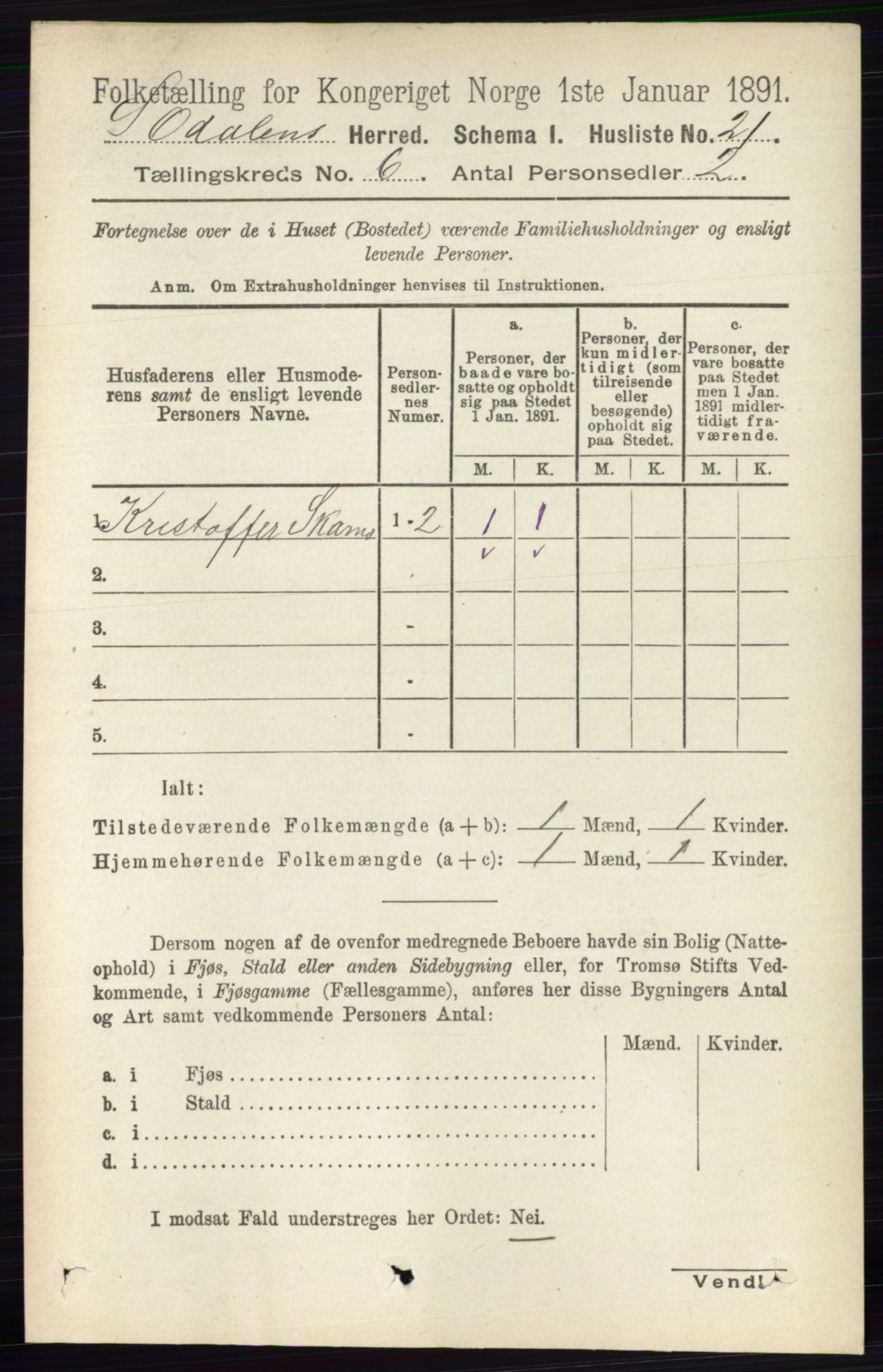 RA, 1891 census for 0419 Sør-Odal, 1891, p. 2707