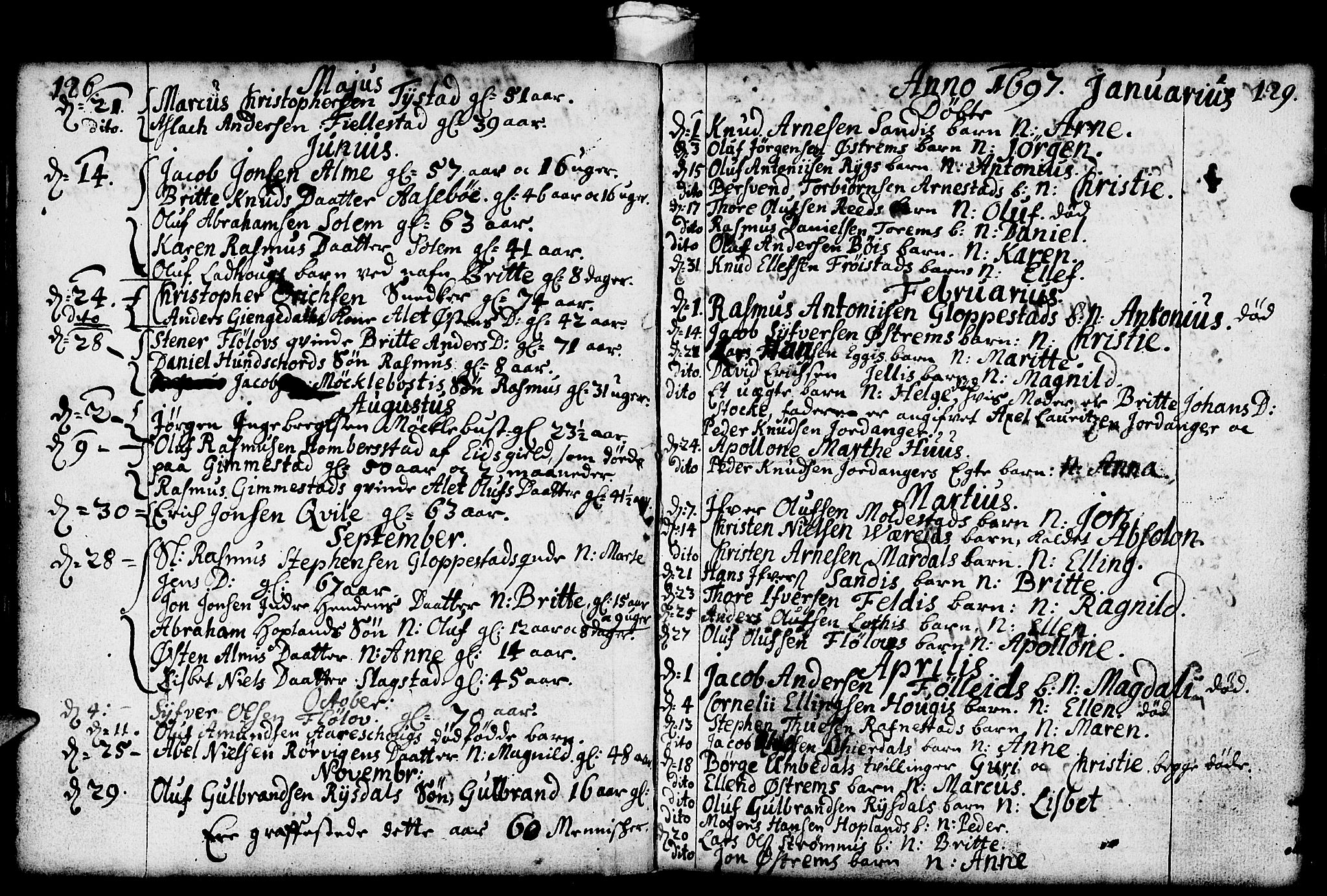 Gloppen sokneprestembete, SAB/A-80101/H/Haa/Haaa/L0001: Parish register (official) no. A 1, 1686-1711, p. 128-129