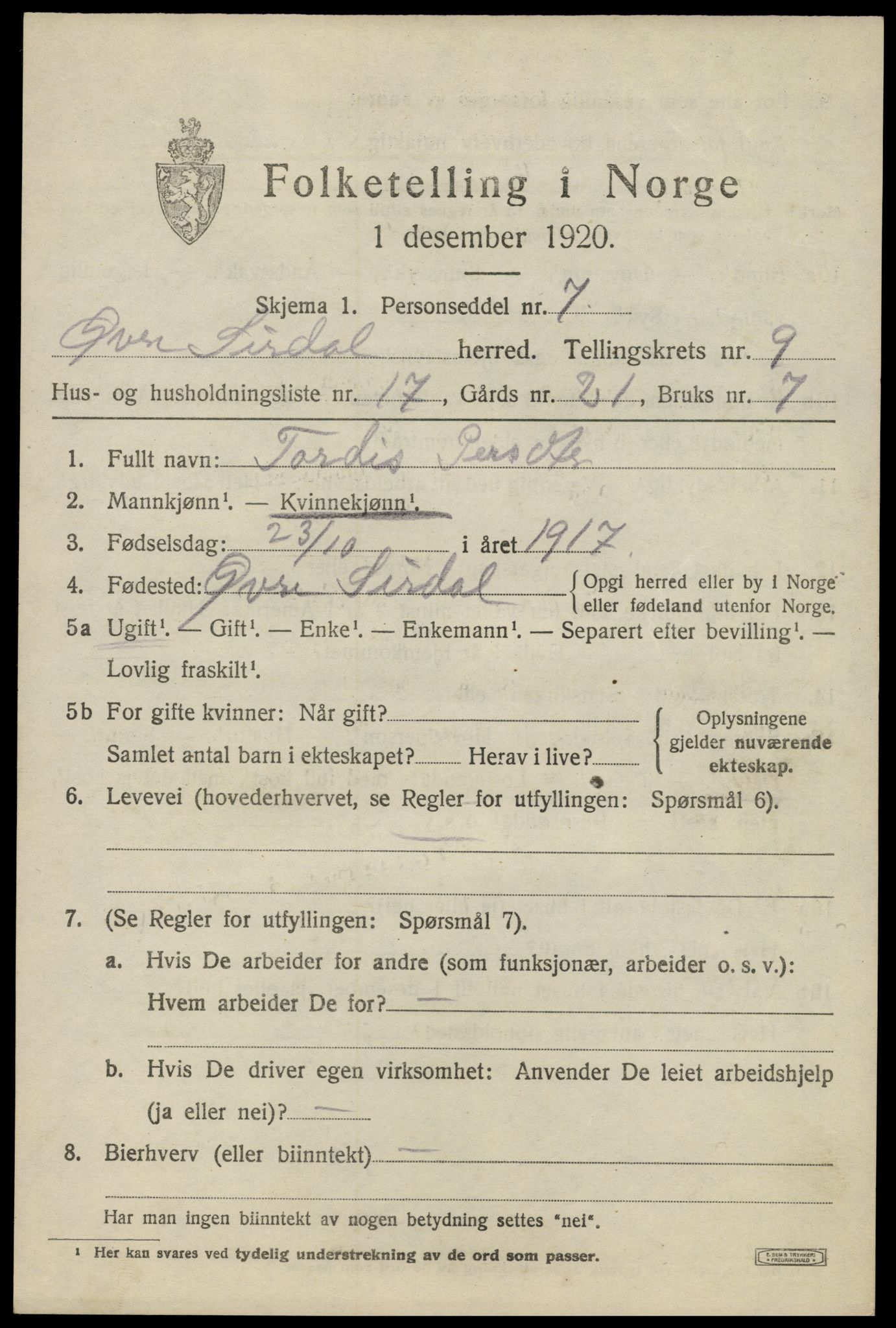 SAK, 1920 census for Øvre Sirdal, 1920, p. 1655