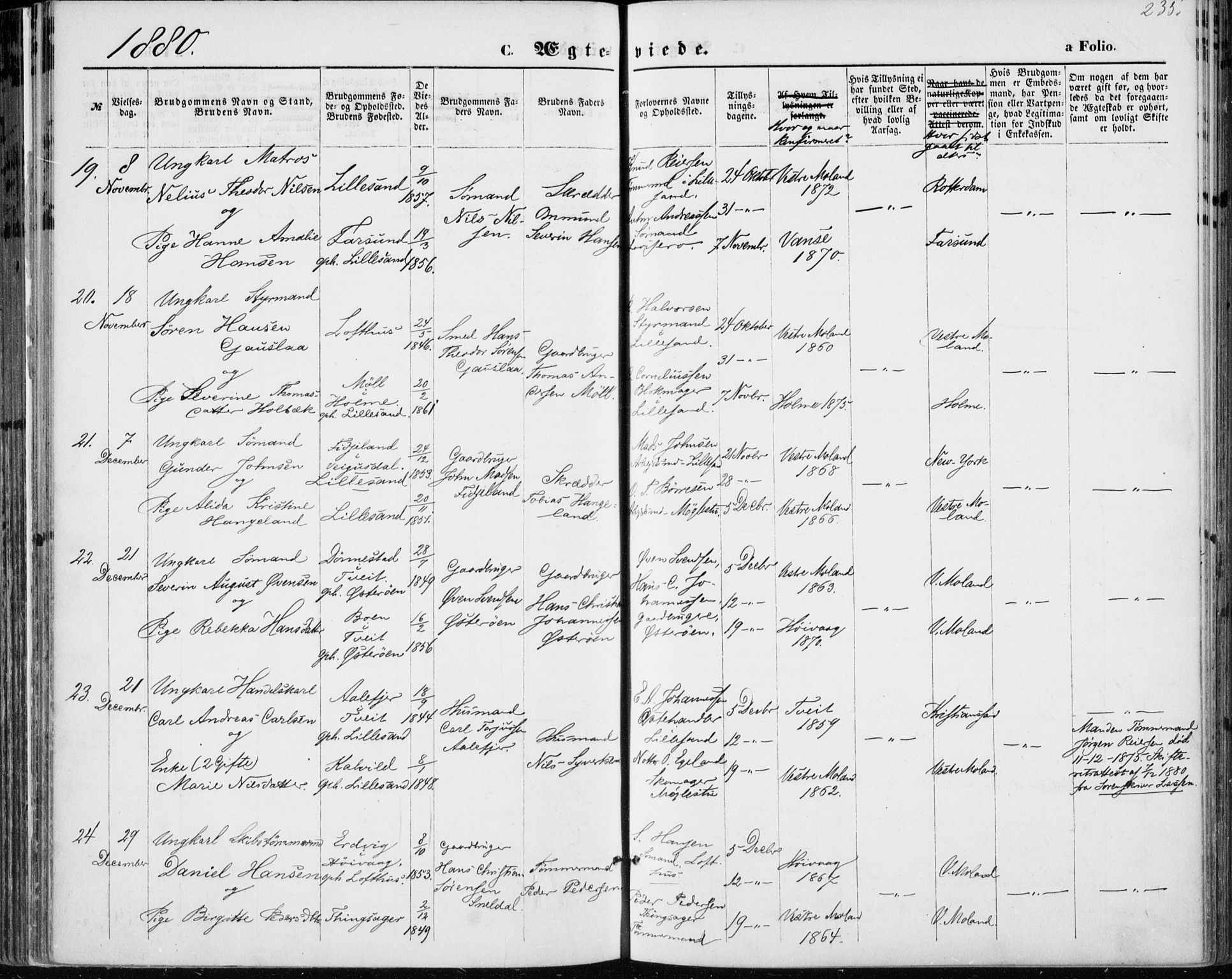 Vestre Moland sokneprestkontor, AV/SAK-1111-0046/F/Fa/Fab/L0008: Parish register (official) no. A 8, 1873-1883, p. 235