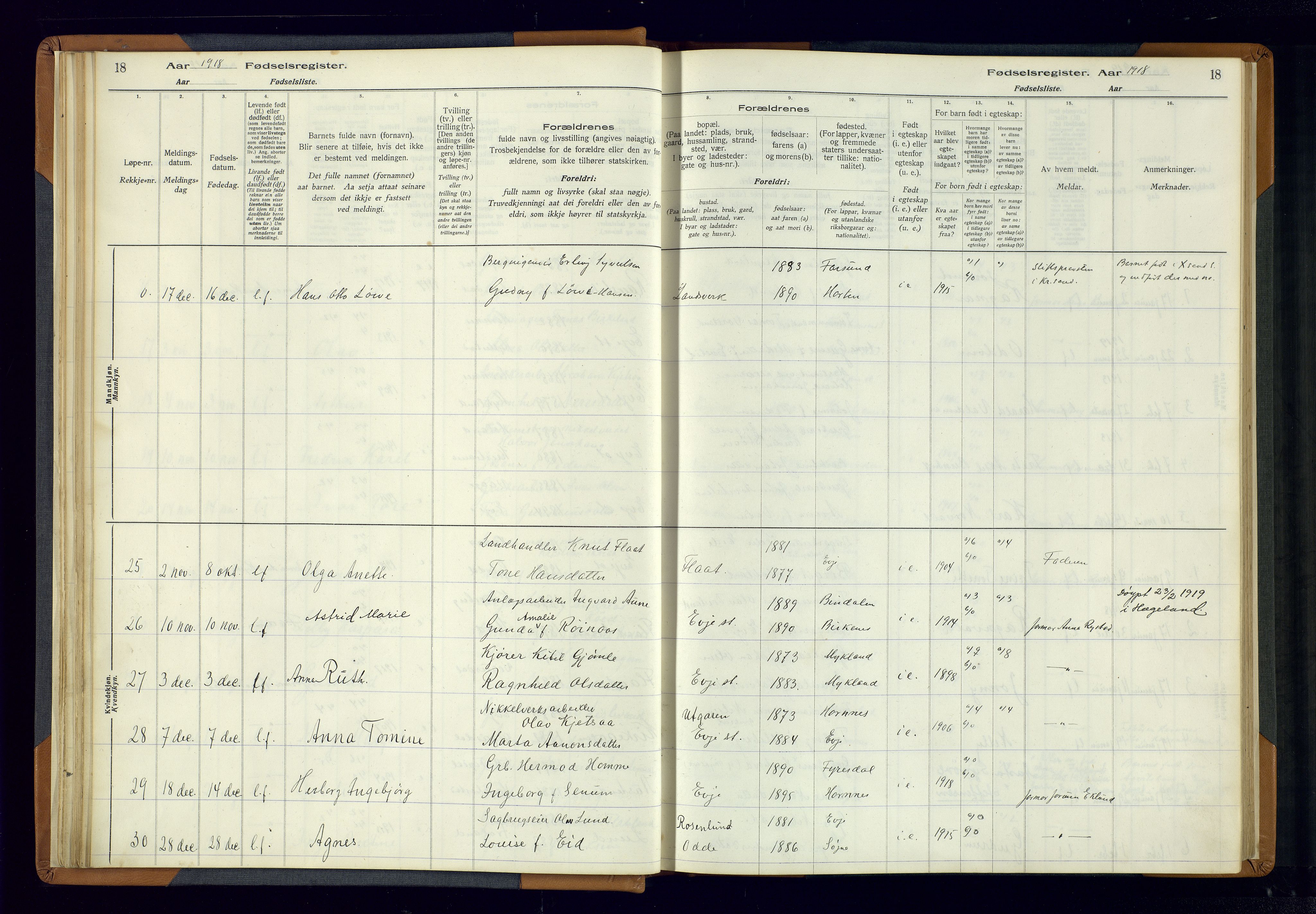 Evje sokneprestkontor, AV/SAK-1111-0008/J/Jc/L0004: Birth register no. 4, 1916-1968, p. 18