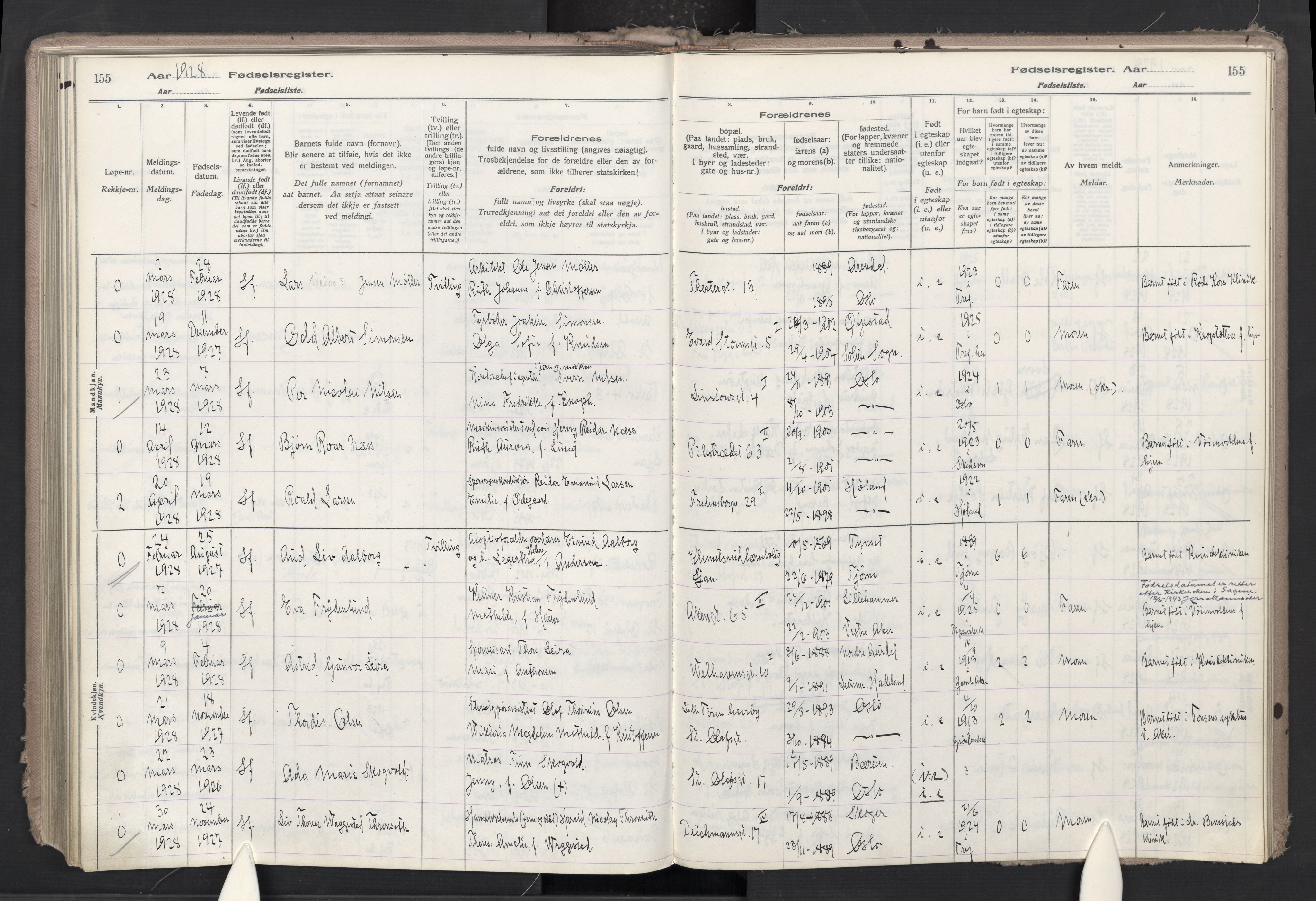 Trefoldighet prestekontor Kirkebøker, SAO/A-10882/J/Ja/L0001: Birth register no. 1, 1916-1931, p. 155