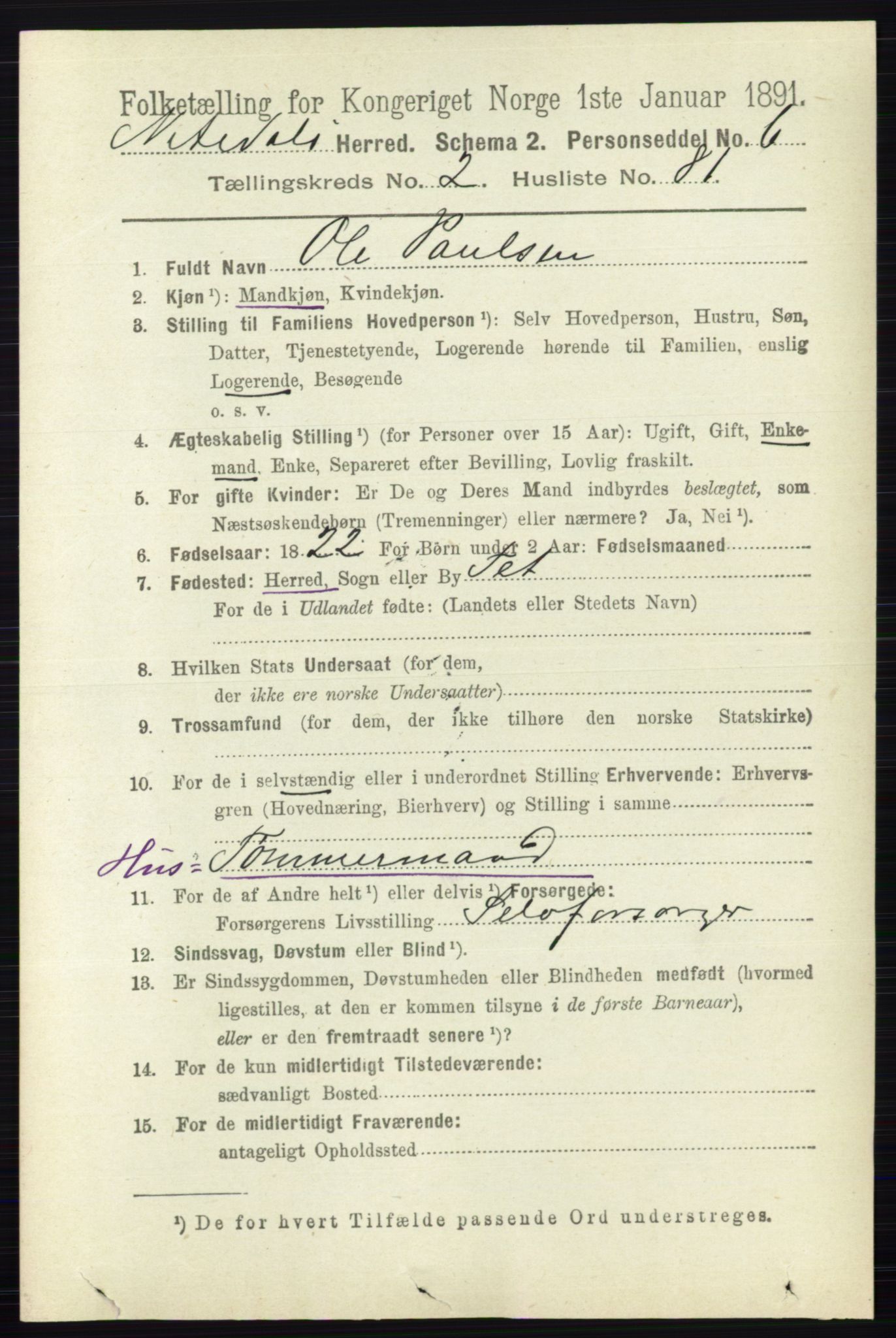 RA, 1891 census for 0233 Nittedal, 1891, p. 1111