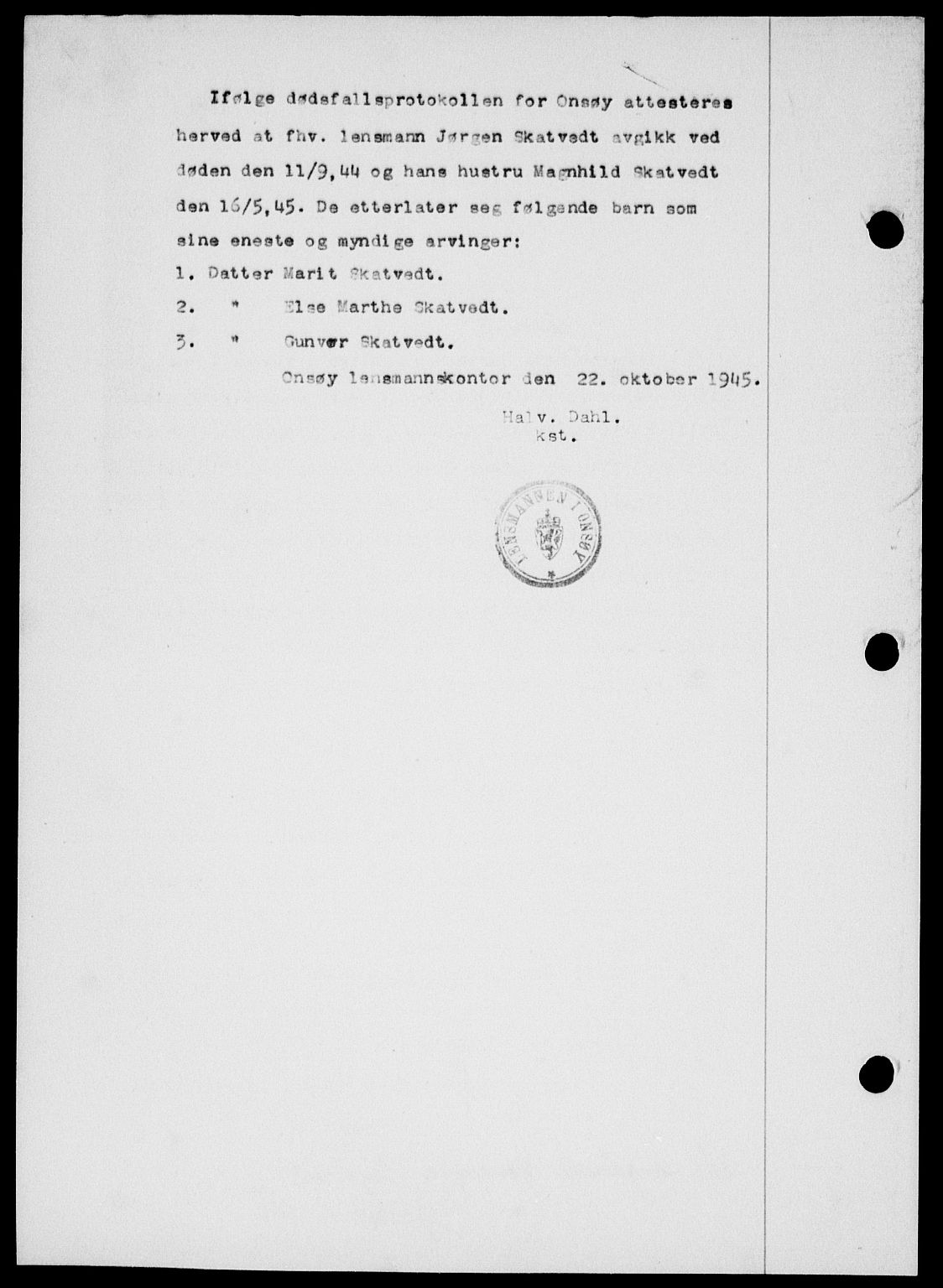 Onsøy sorenskriveri, SAO/A-10474/G/Ga/Gab/L0015: Mortgage book no. II A-15, 1945-1946, Diary no: : 1677/1945