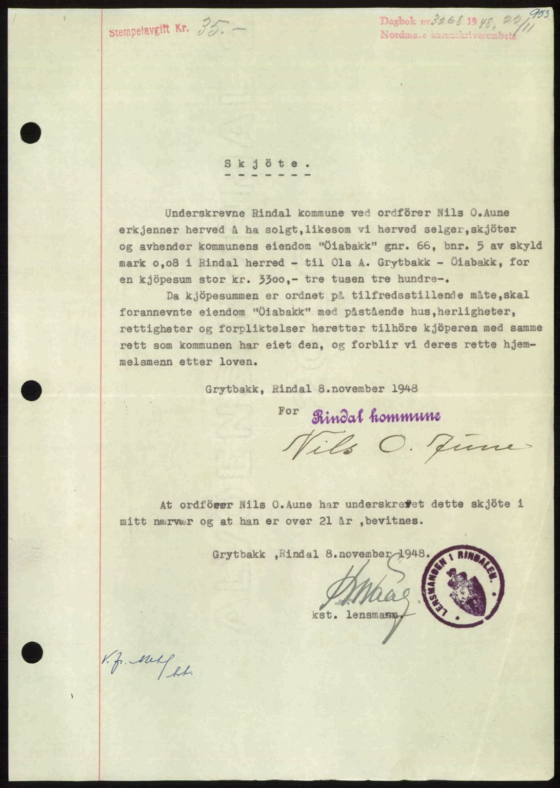 Nordmøre sorenskriveri, AV/SAT-A-4132/1/2/2Ca: Mortgage book no. A109, 1948-1948, Diary no: : 3268/1948