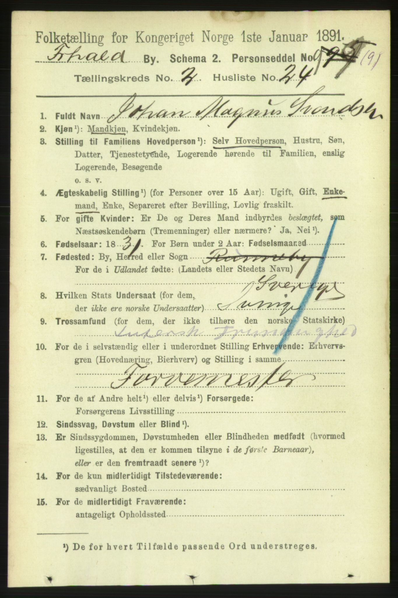 RA, 1891 census for 0101 Fredrikshald, 1891, p. 2939