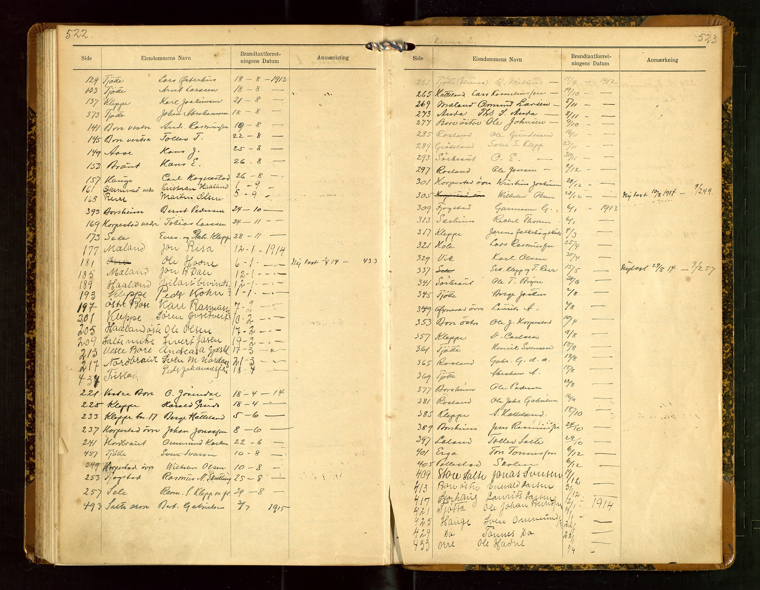 Klepp lensmannskontor, AV/SAST-A-100163/Goc/L0007: "Brandtaxationsprotokol" m/register, 1911-1915, p. 522-523