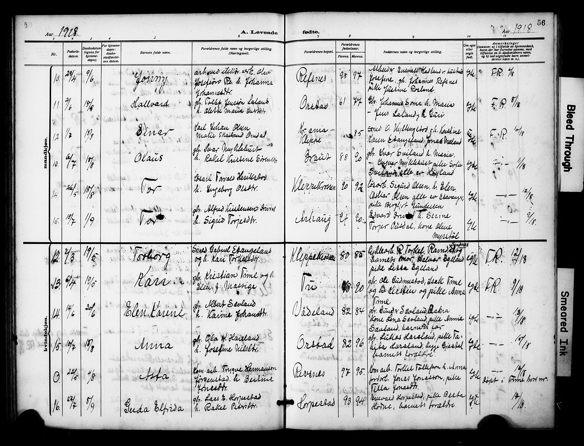 Klepp sokneprestkontor, AV/SAST-A-101803/001/3/30BB/L0007: Parish register (copy) no. B 7, 1908-1934, p. 56