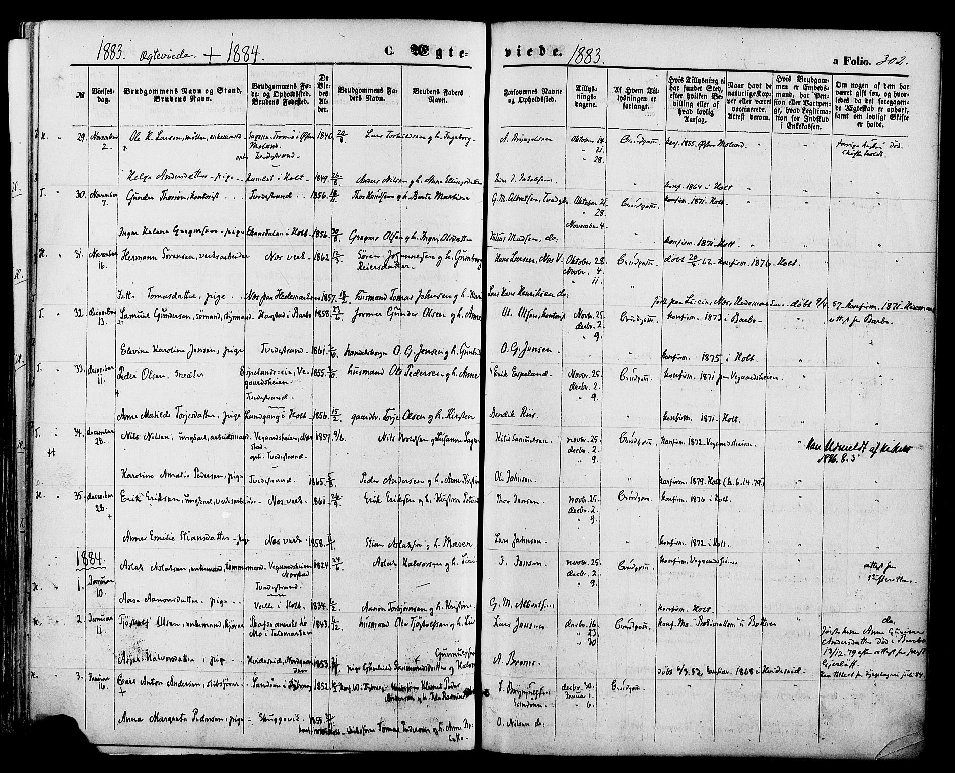 Holt sokneprestkontor, AV/SAK-1111-0021/F/Fa/L0010: Parish register (official) no. A 10, 1872-1885, p. 302