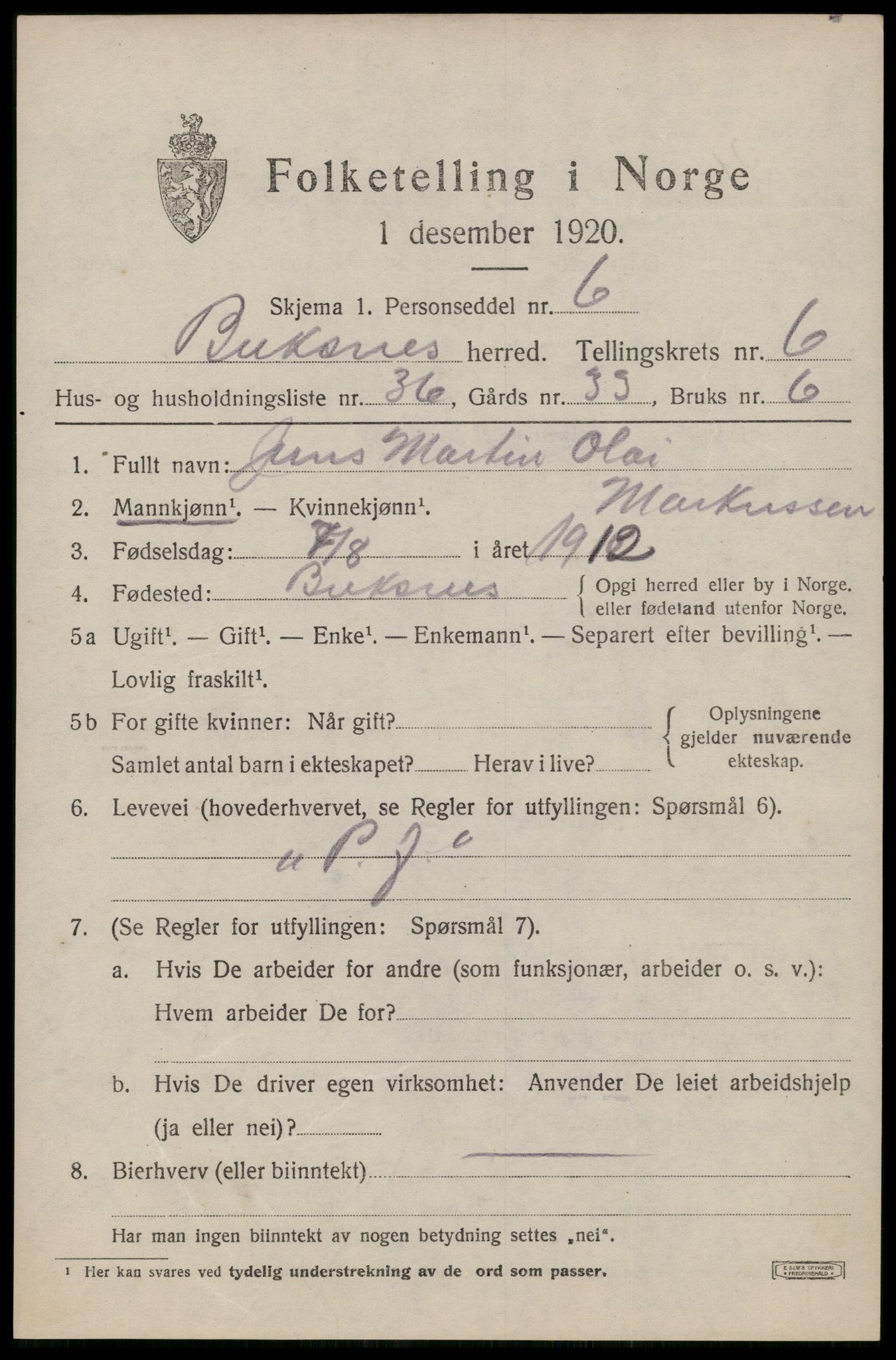 SAT, 1920 census for Buksnes, 1920, p. 6468