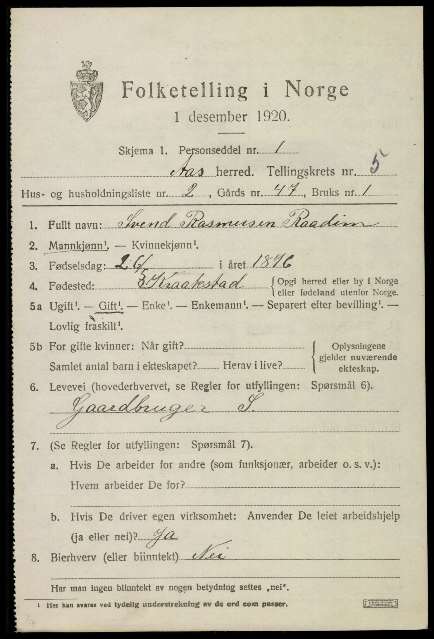 SAO, 1920 census for Ås, 1920, p. 5844