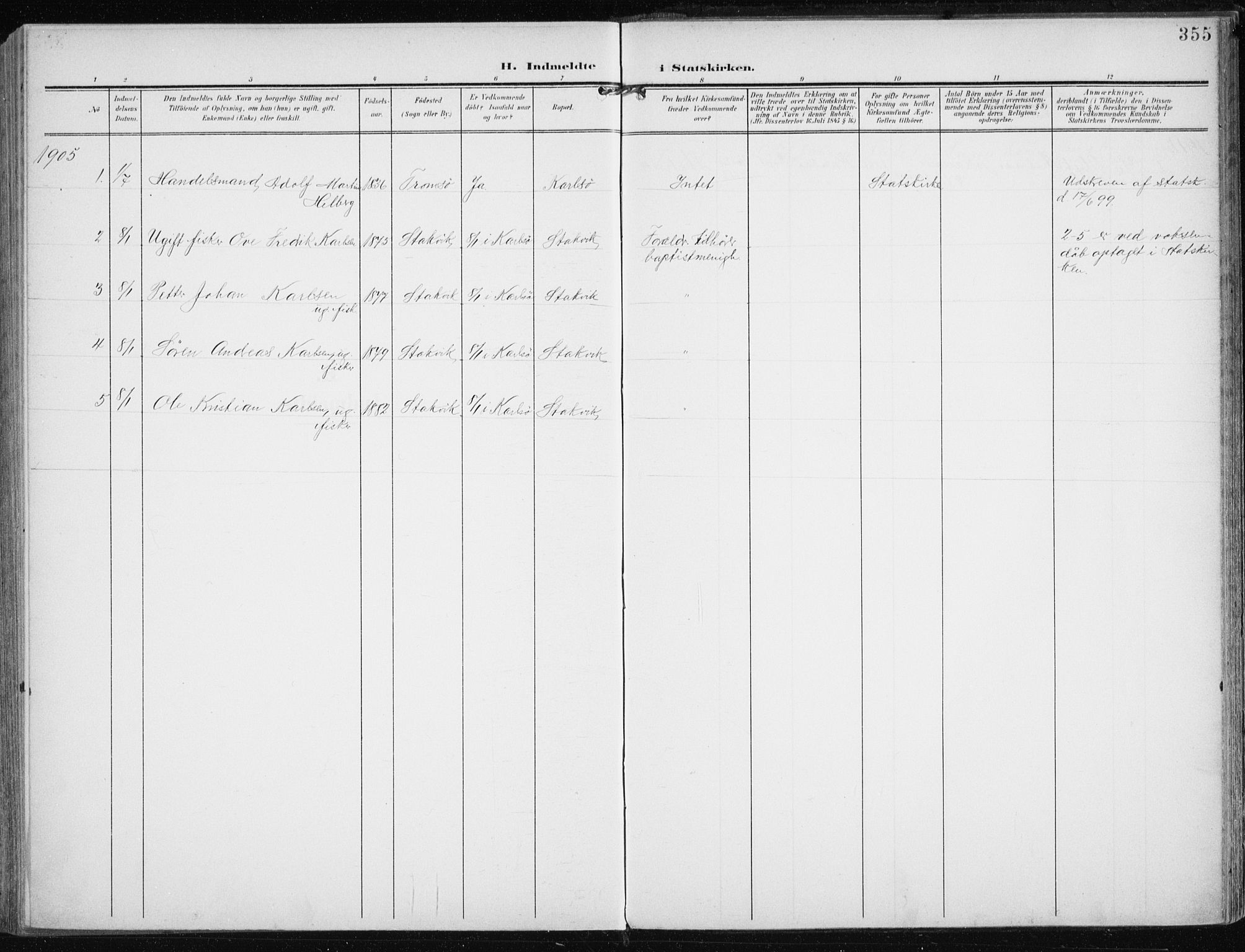Karlsøy sokneprestembete, SATØ/S-1299/H/Ha/Haa/L0014kirke: Parish register (official) no. 14, 1903-1917, p. 355
