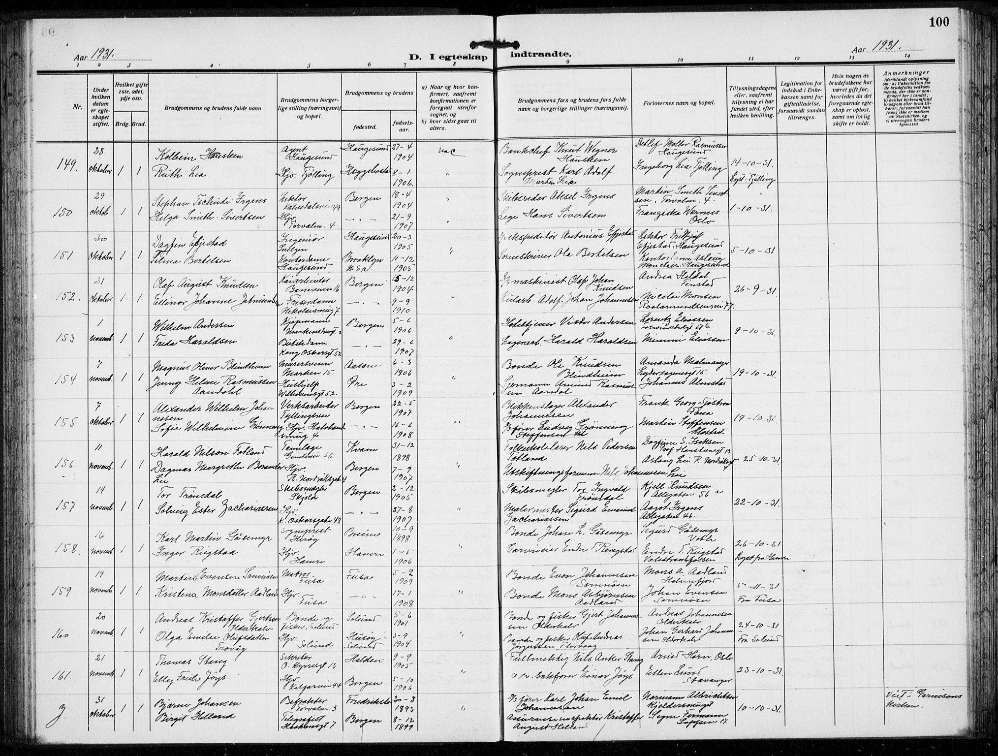 Domkirken sokneprestembete, AV/SAB-A-74801/H/Hab/L0034: Parish register (copy) no. D 6, 1924-1941, p. 100