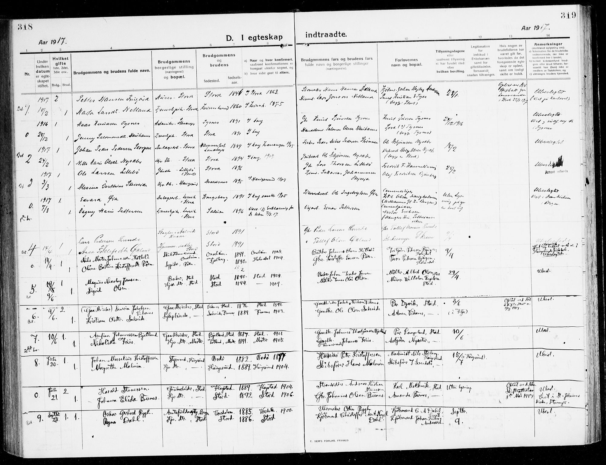 Stord sokneprestembete, AV/SAB-A-78201/H/Haa: Parish register (official) no. B 3, 1913-1925, p. 318-319