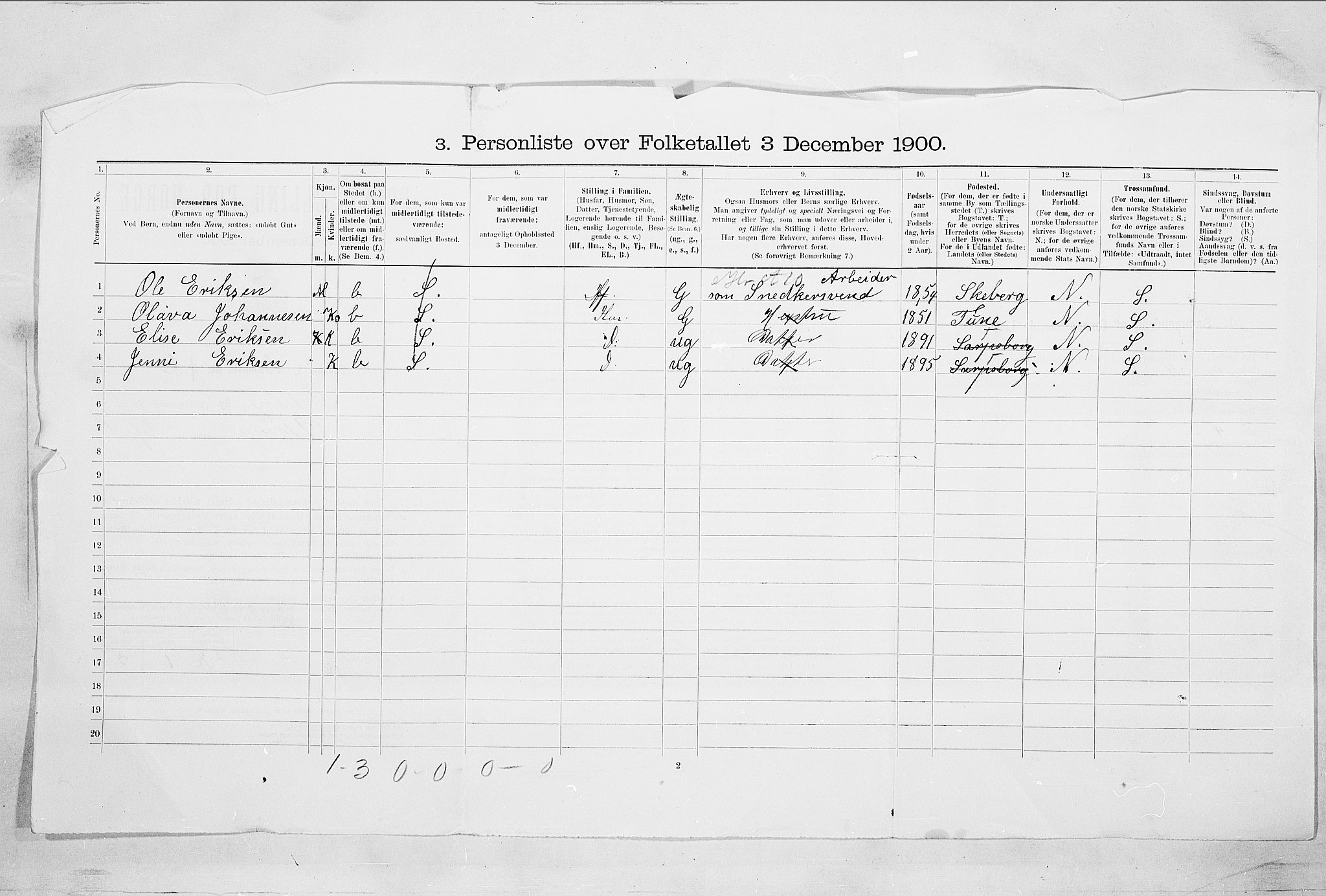 SAO, 1900 census for Sarpsborg, 1900