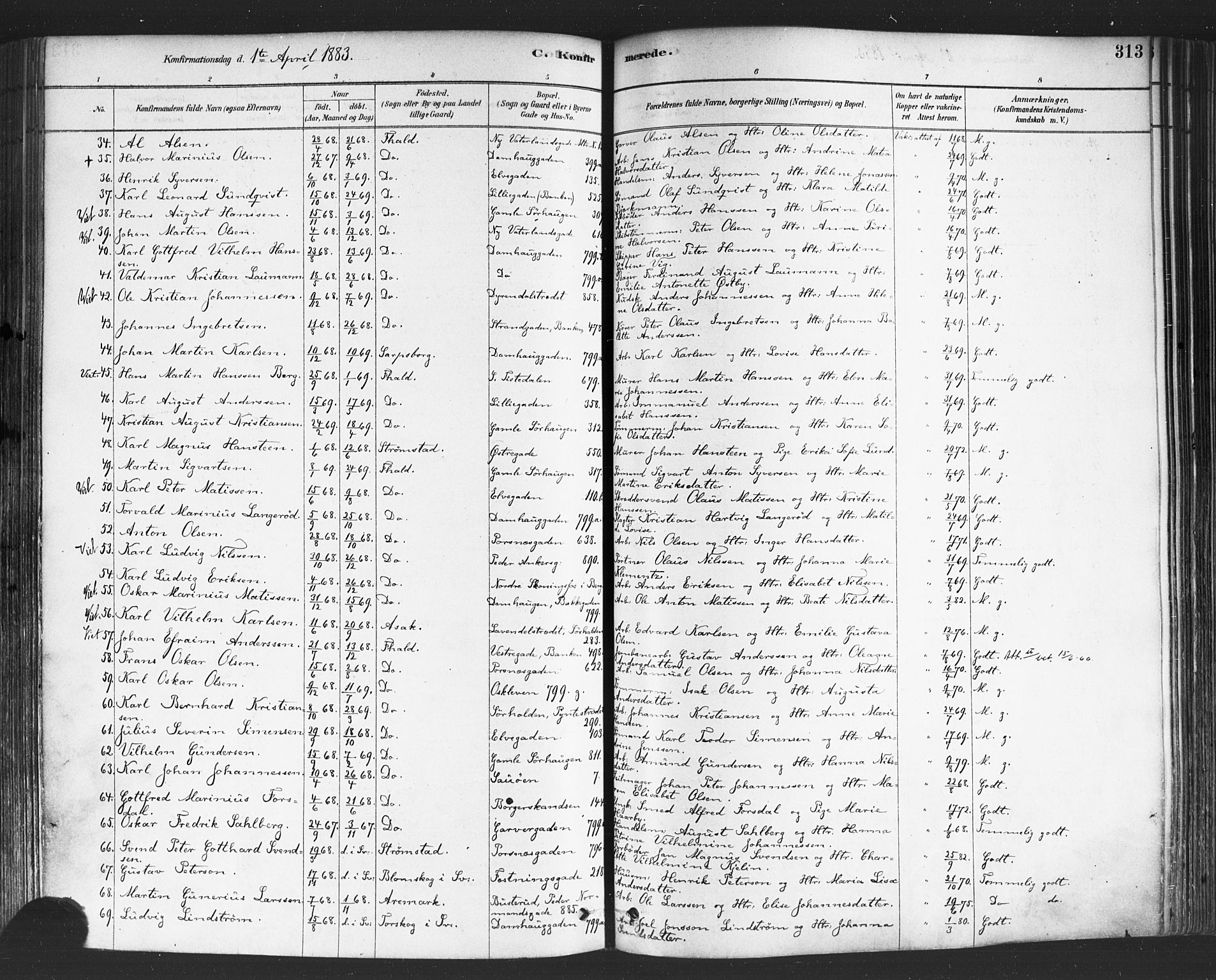 Halden prestekontor Kirkebøker, AV/SAO-A-10909/F/Fa/L0011: Parish register (official) no. I 11, 1878-1889, p. 313