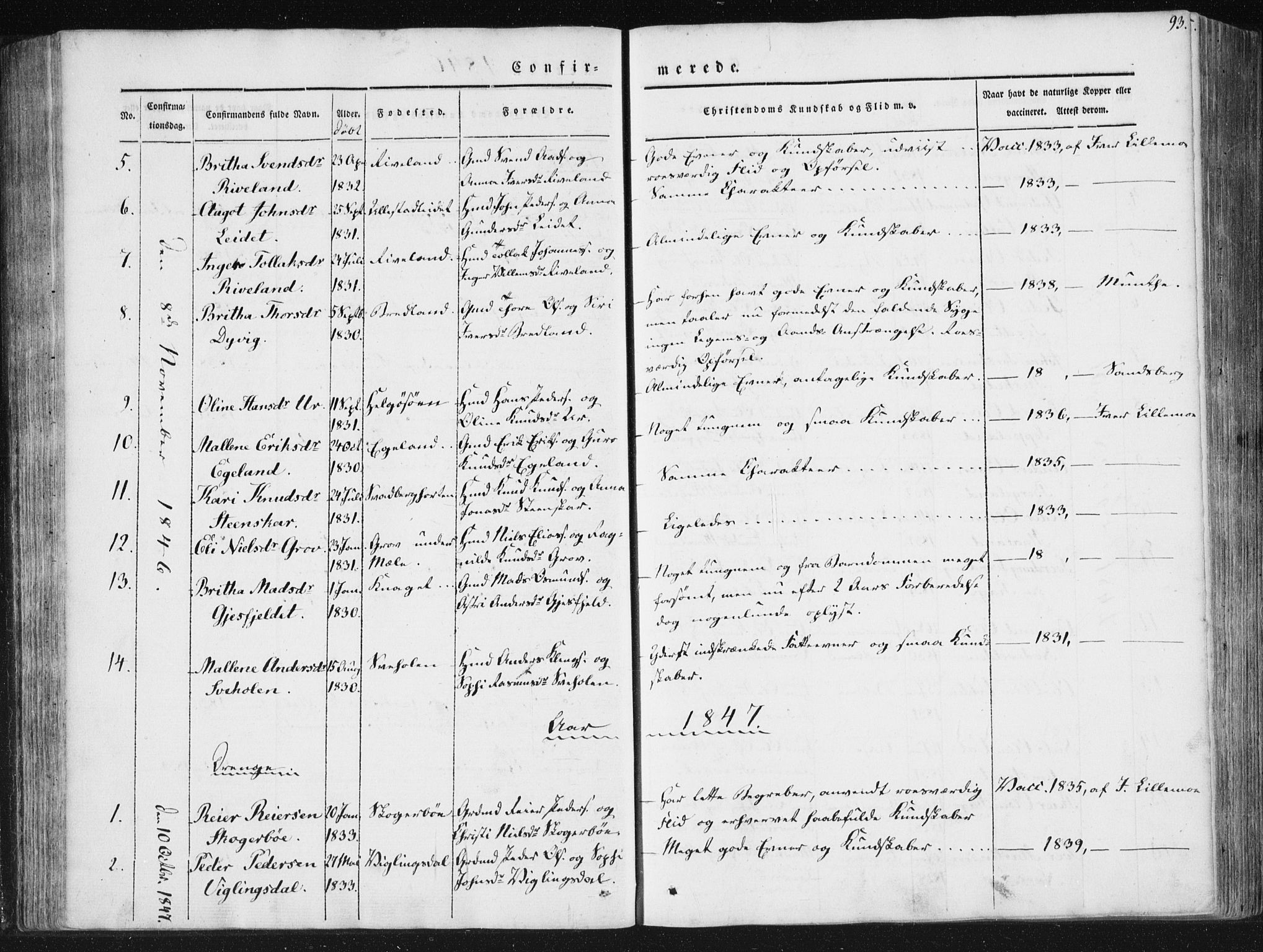 Hjelmeland sokneprestkontor, AV/SAST-A-101843/01/IV/L0008: Parish register (official) no. A 8, 1842-1861, p. 93