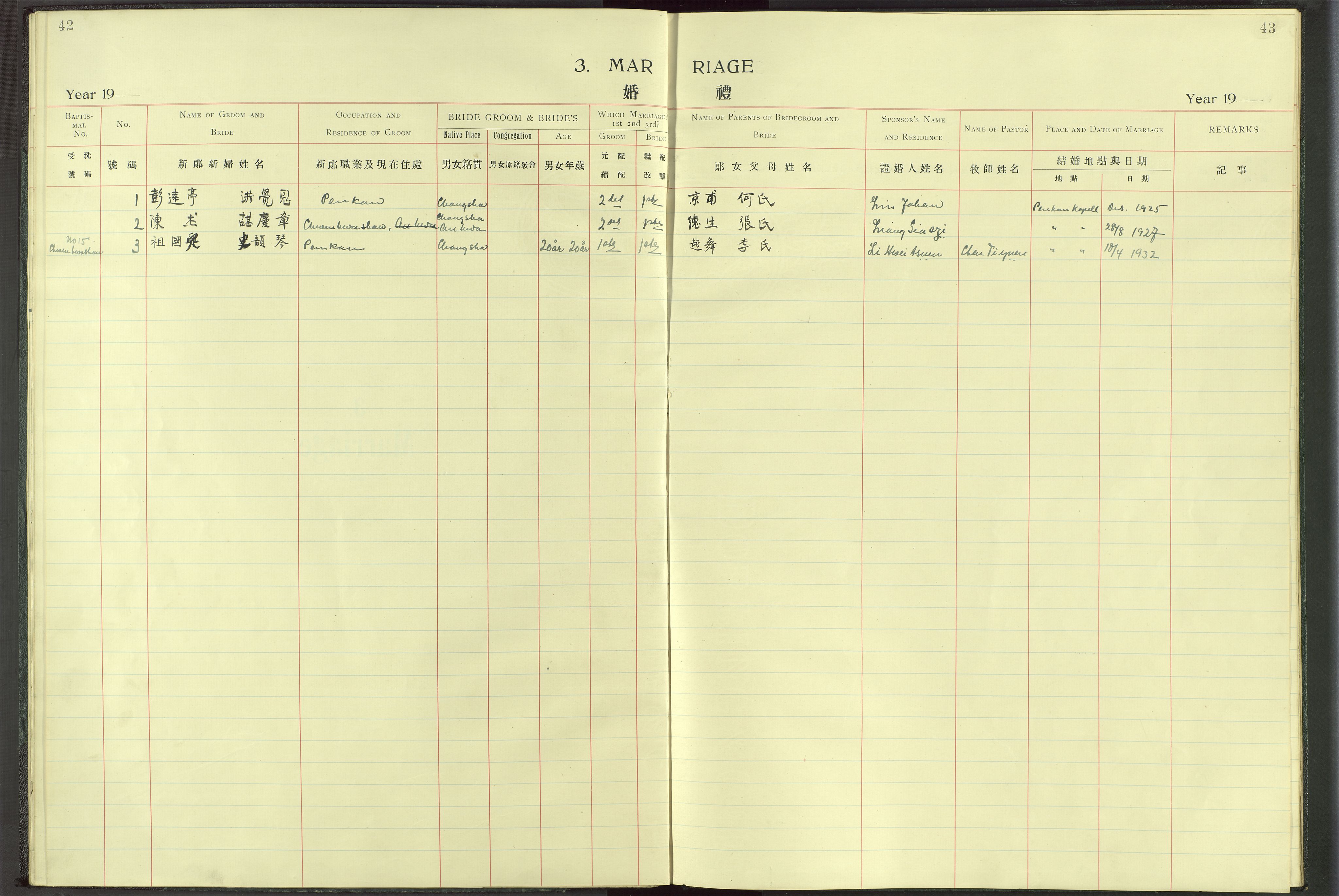 Det Norske Misjonsselskap - utland - Kina (Hunan), VID/MA-A-1065/Dm/L0017: Parish register (official) no. -, 1913-1948, p. 42-43