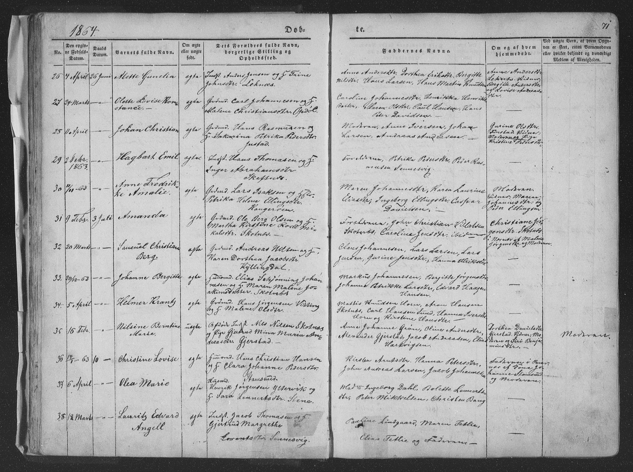 Ministerialprotokoller, klokkerbøker og fødselsregistre - Nordland, AV/SAT-A-1459/881/L1165: Parish register (copy) no. 881C02, 1854-1876, p. 71