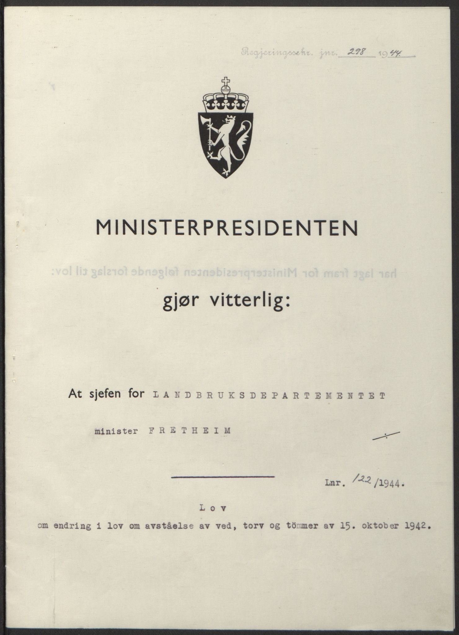 NS-administrasjonen 1940-1945 (Statsrådsekretariatet, de kommisariske statsråder mm), RA/S-4279/D/Db/L0100: Lover, 1944, p. 578
