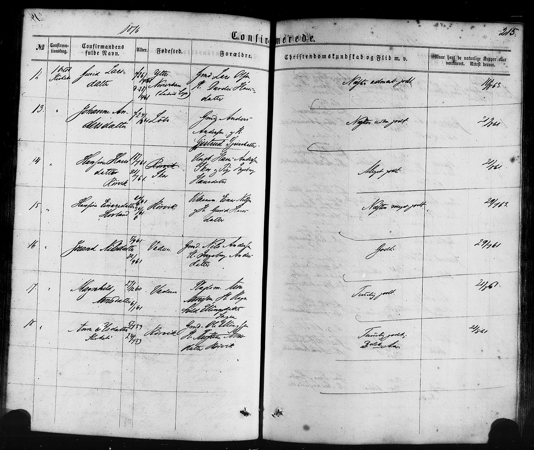 Lavik sokneprestembete, SAB/A-80901: Parish register (official) no. A 4, 1864-1881, p. 215