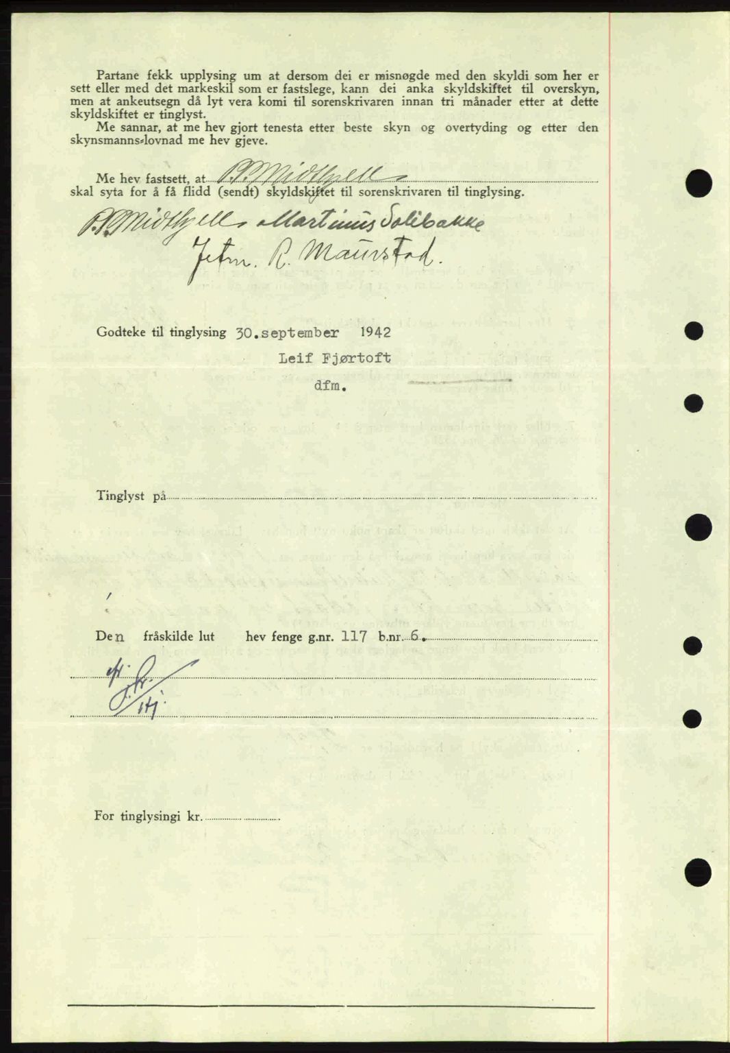 Nordfjord sorenskriveri, SAB/A-2801/02/02b/02bj/L0007: Mortgage book no. A7, 1941-1943, Diary no: : 1230/1942