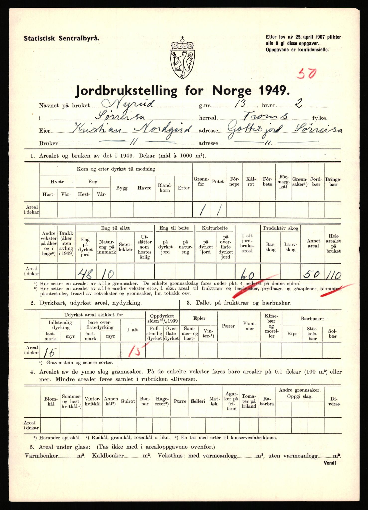 Statistisk sentralbyrå, Næringsøkonomiske emner, Jordbruk, skogbruk, jakt, fiske og fangst, AV/RA-S-2234/G/Gc/L0440: Troms: Sørreisa og Dyrøy, 1949, p. 800