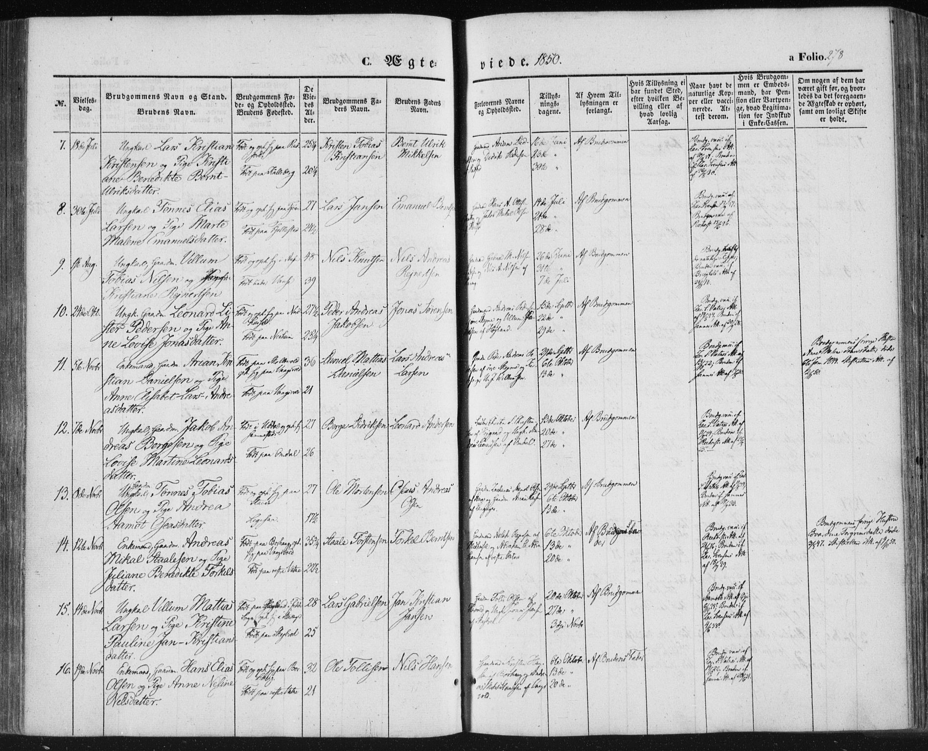 Lista sokneprestkontor, AV/SAK-1111-0027/F/Fa/L0010: Parish register (official) no. A 10, 1846-1861, p. 278