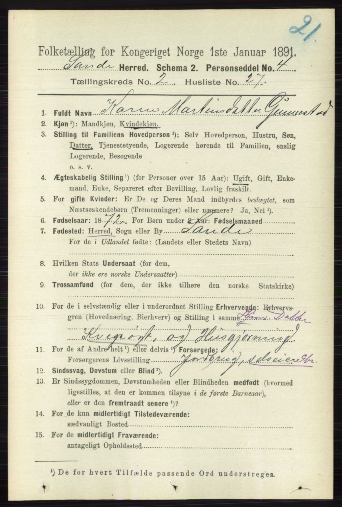 RA, 1891 census for 0713 Sande, 1891, p. 734