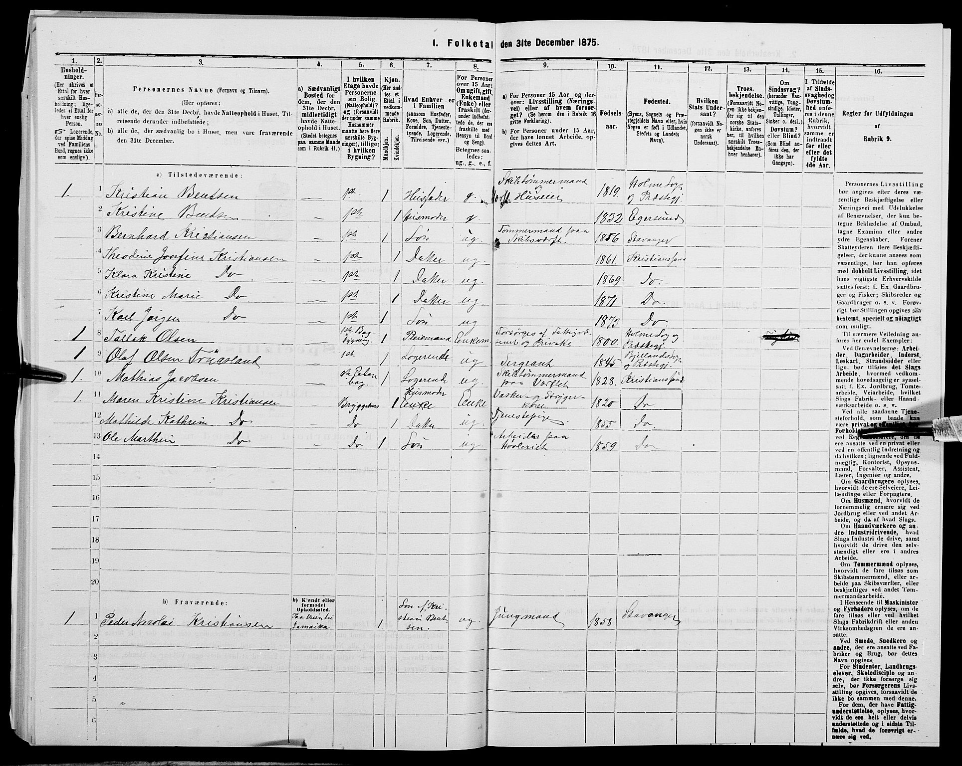 SAK, 1875 census for 1001P Kristiansand, 1875, p. 1462