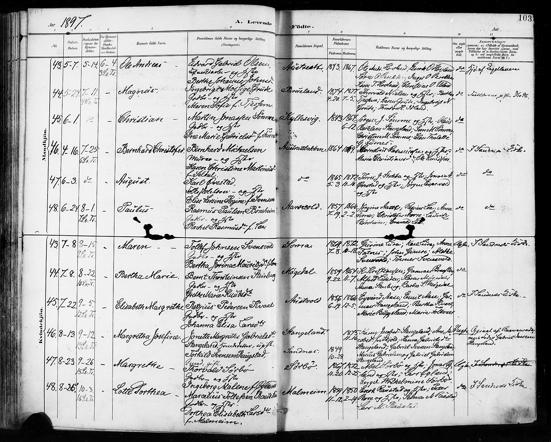 Høyland sokneprestkontor, AV/SAST-A-101799/001/30BA/L0013: Parish register (official) no. A 13.1, 1889-1898, p. 103