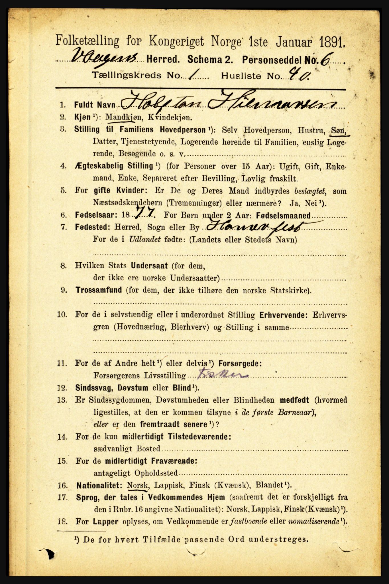 RA, 1891 census for 1865 Vågan, 1891, p. 371