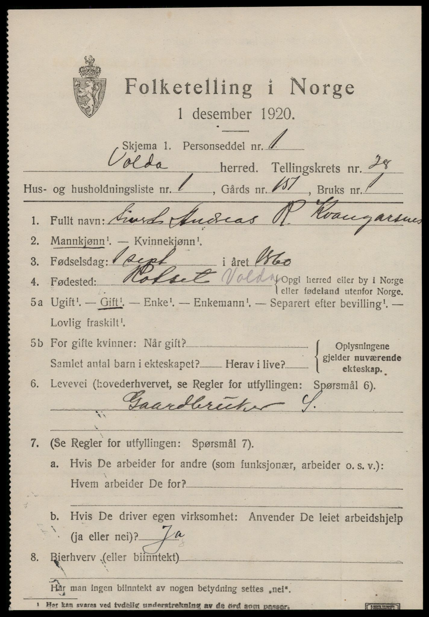 SAT, 1920 census for Volda, 1920, p. 12938