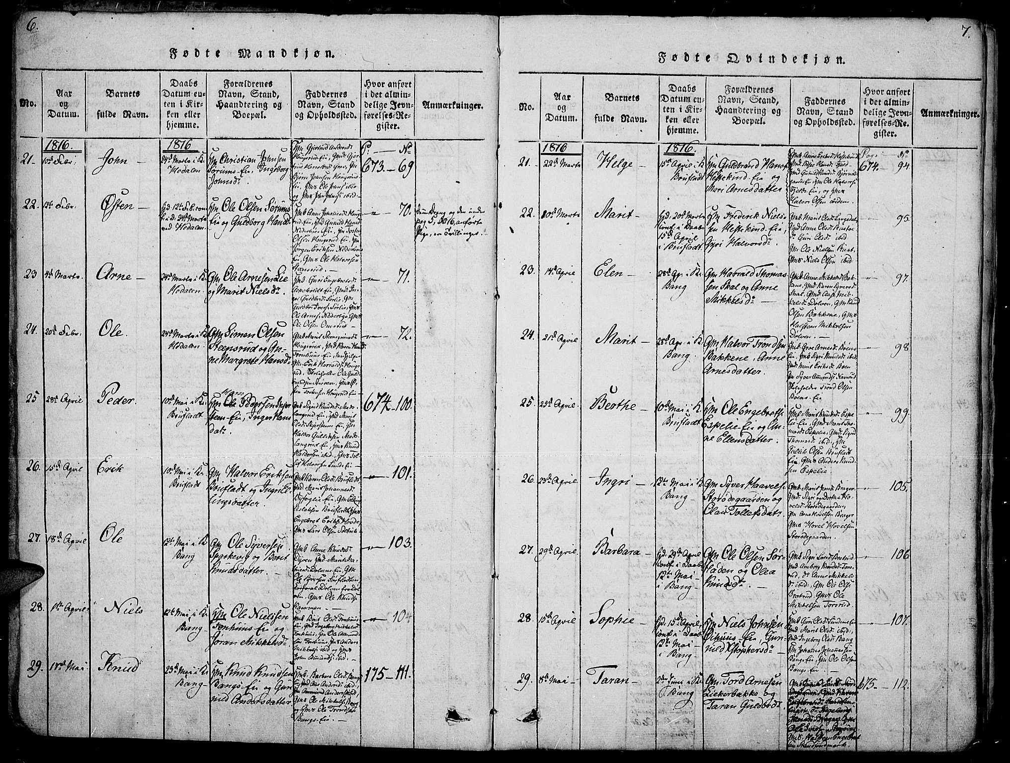 Sør-Aurdal prestekontor, AV/SAH-PREST-128/H/Ha/Haa/L0002: Parish register (official) no. 2, 1815-1840, p. 6-7