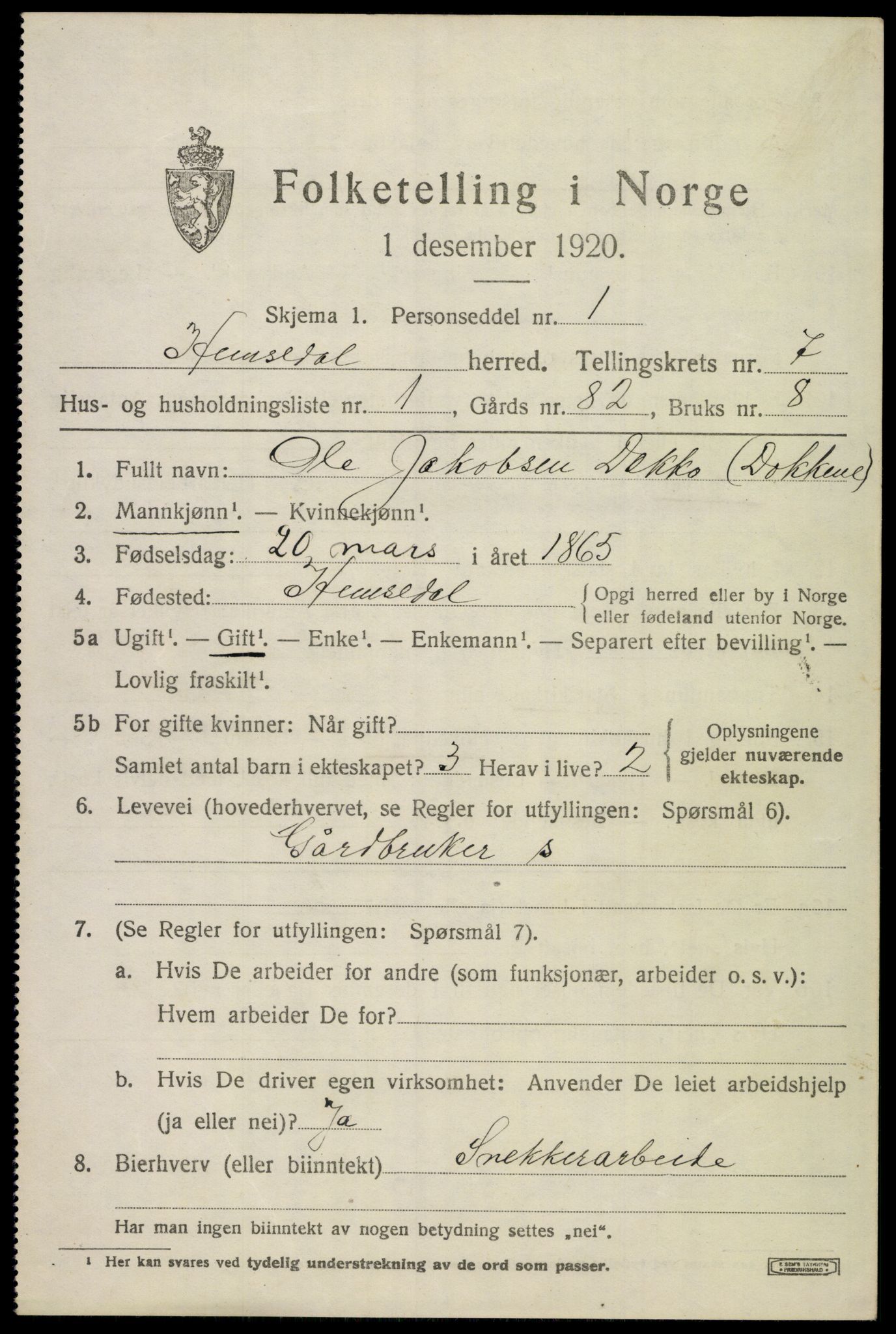 SAKO, 1920 census for Hemsedal, 1920, p. 2950