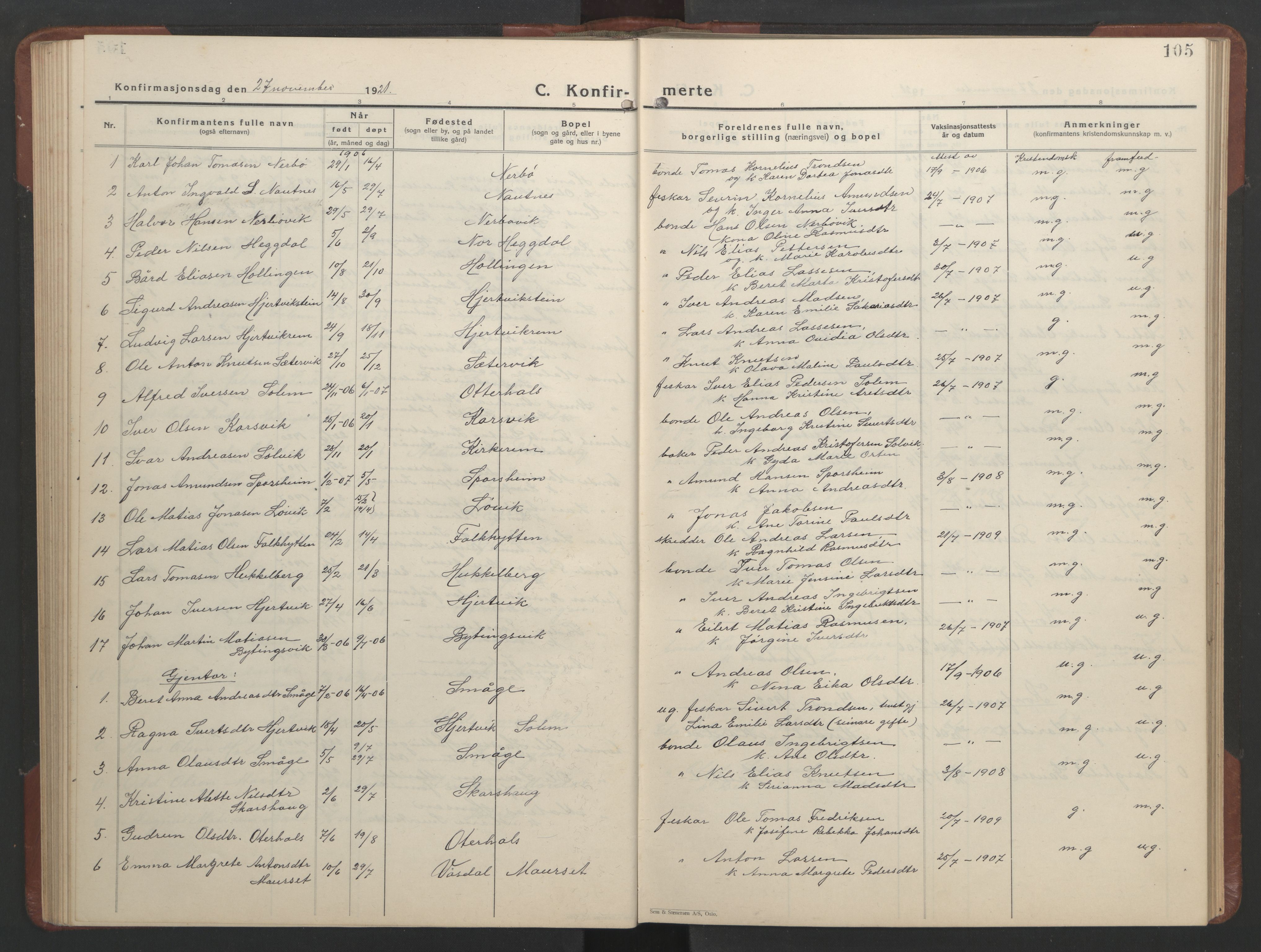 Ministerialprotokoller, klokkerbøker og fødselsregistre - Møre og Romsdal, SAT/A-1454/560/L0726: Parish register (copy) no. 560C03, 1928-1952, p. 105