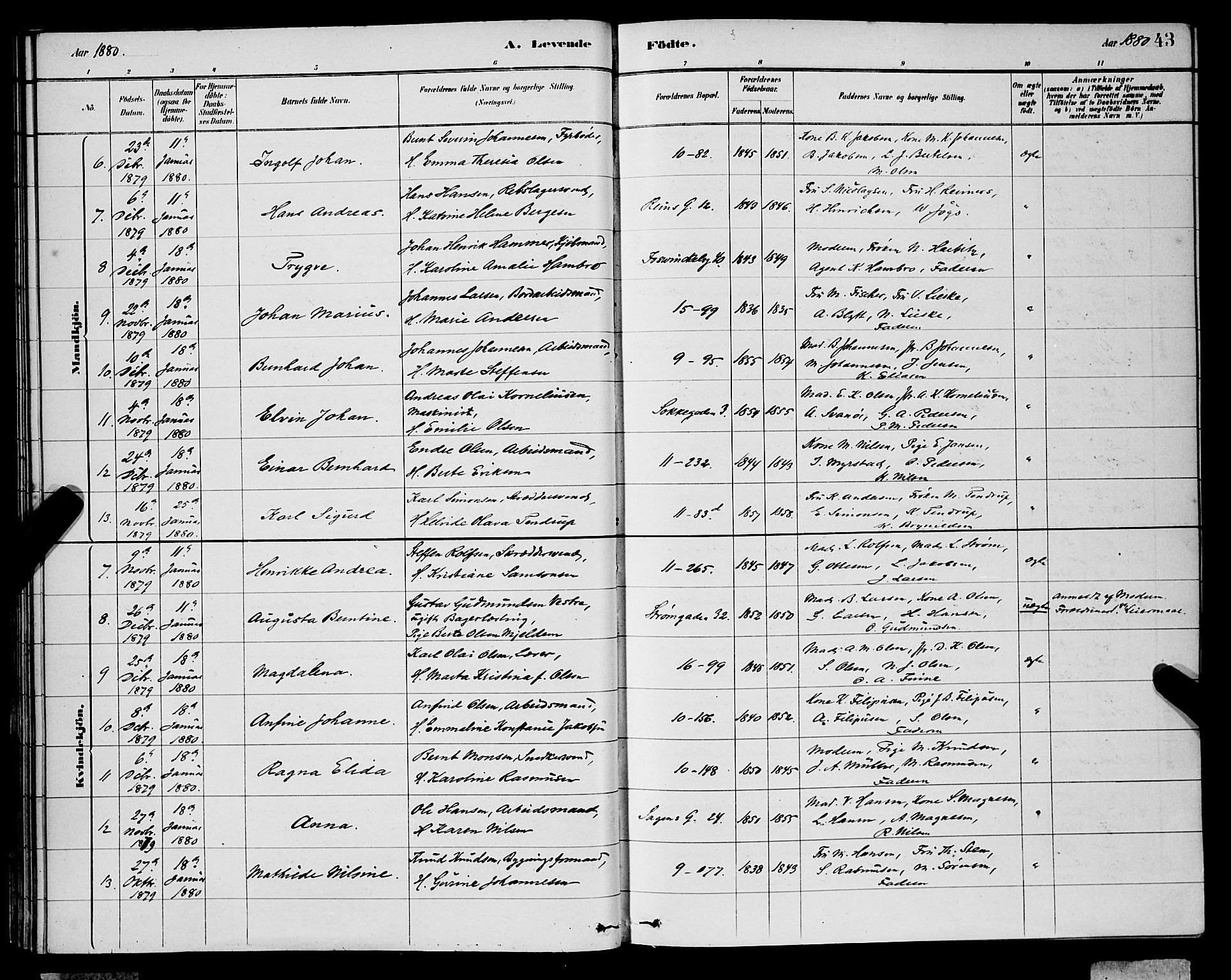 Domkirken sokneprestembete, SAB/A-74801/H/Hab/L0015: Parish register (copy) no. B 8, 1879-1887, p. 43