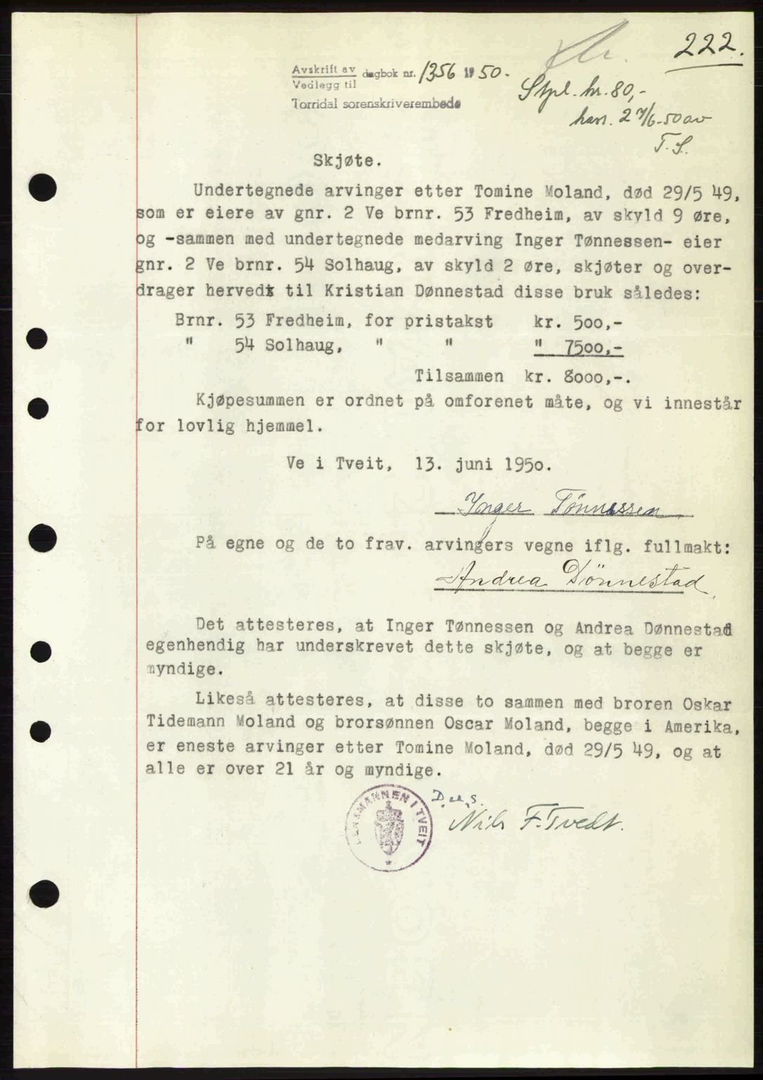 Torridal sorenskriveri, AV/SAK-1221-0012/G/Gb/Gba/L0079: Mortgage book no. 69A, 1950-1950, Diary no: : 1356/1950