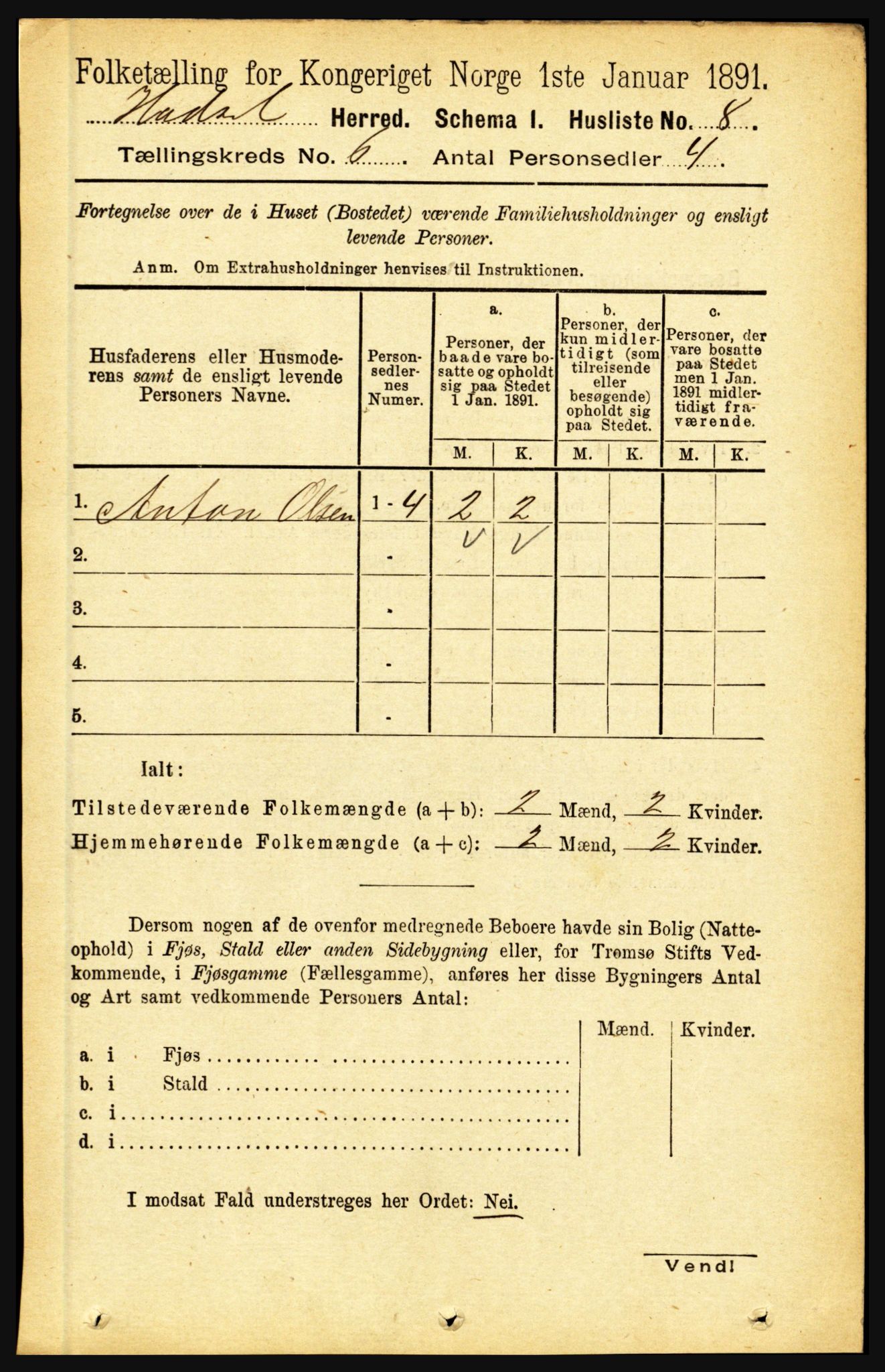 RA, 1891 census for 1866 Hadsel, 1891, p. 2587