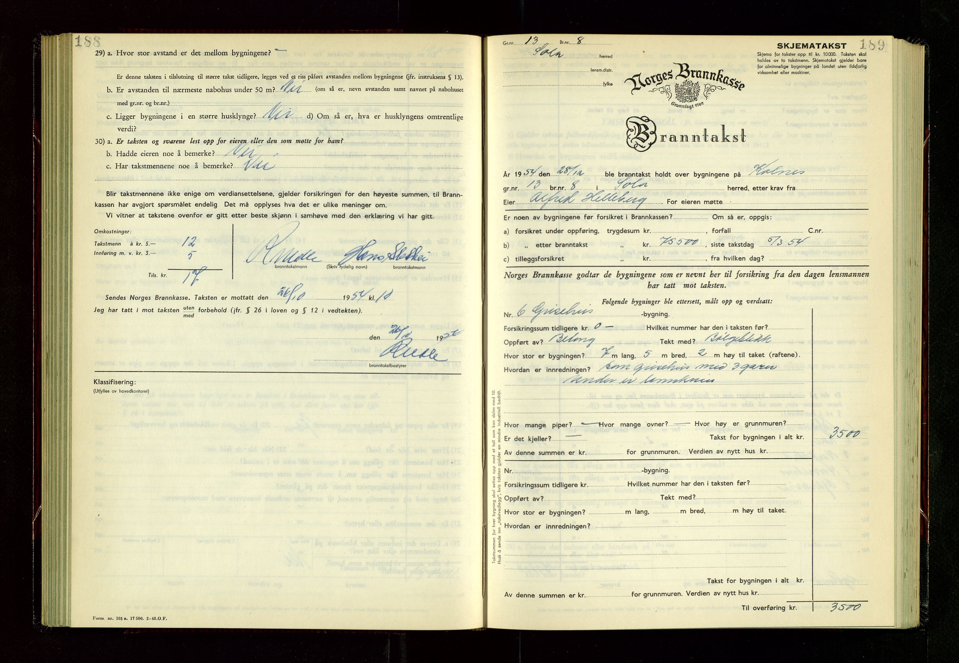 Håland lensmannskontor, AV/SAST-A-100100/Gob/L0014: "Branntakstprotokoll" - skjematakst, 1951-1955, p. 188-189