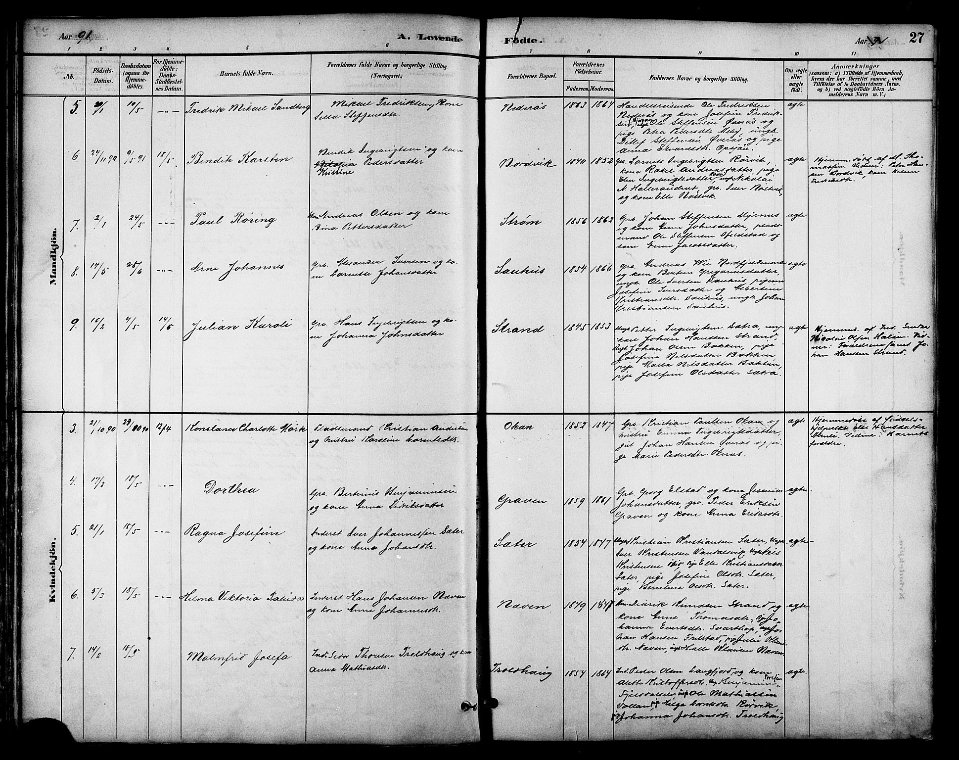 Ministerialprotokoller, klokkerbøker og fødselsregistre - Nordland, AV/SAT-A-1459/814/L0230: Parish register (copy) no. 814C03, 1884-1911, p. 27