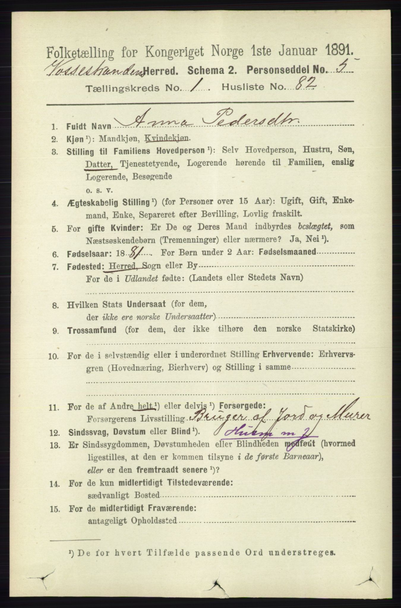 RA, 1891 census for 1236 Vossestrand, 1891, p. 633